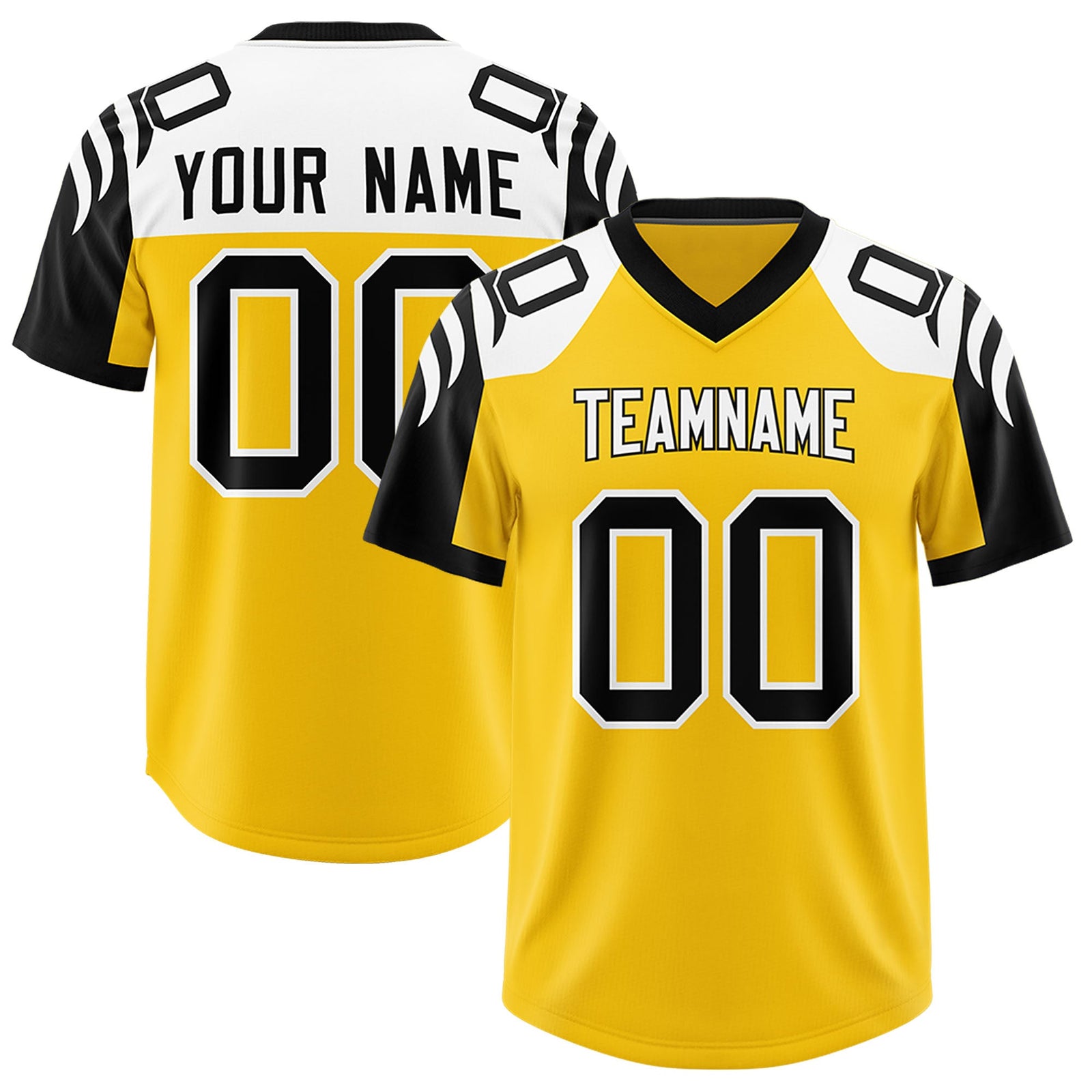 Custom Gold Black Raglan Sleeves Personalized Pattern Authentic Football Jersey
