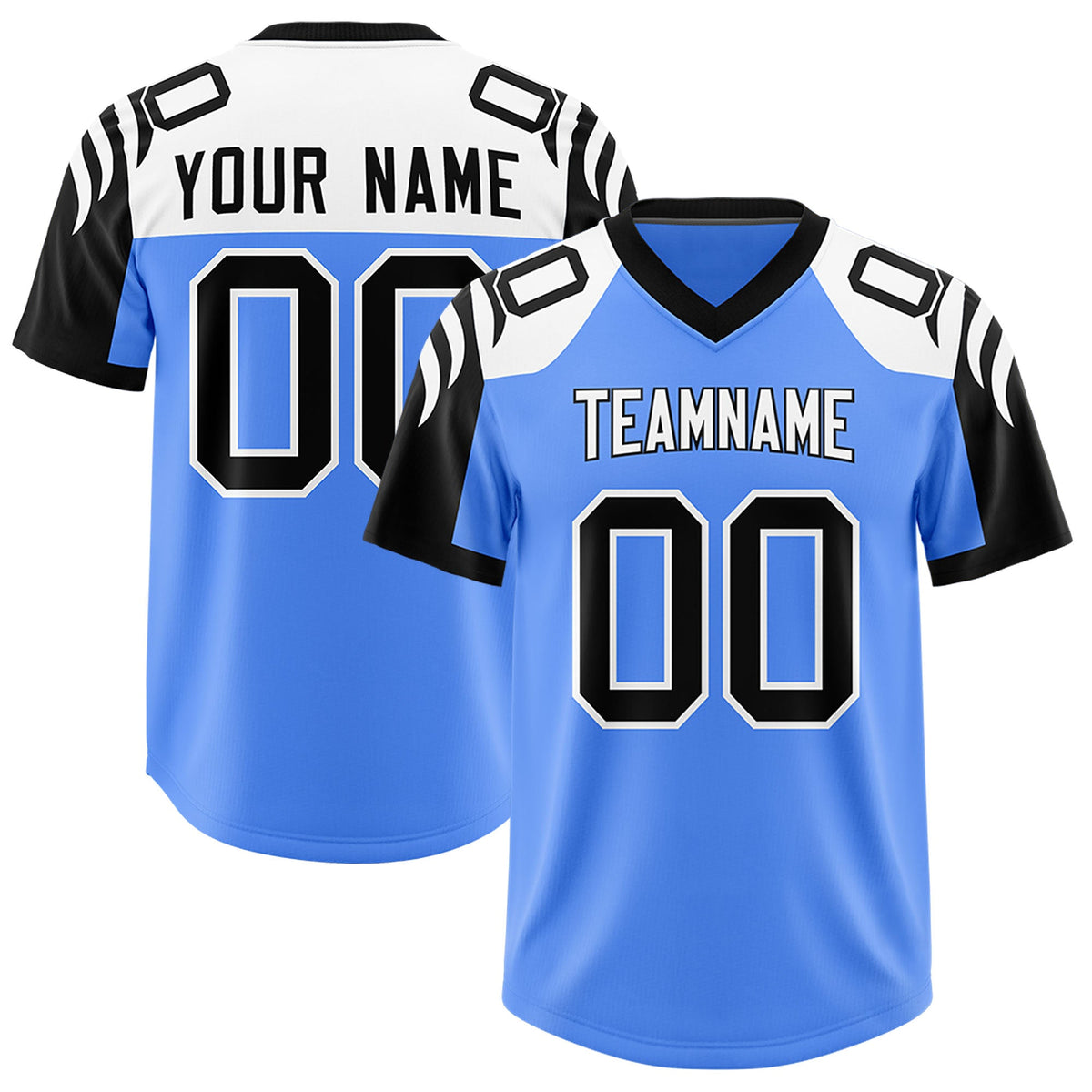 Custom Powder Blue Black Raglan Sleeves Personalized Pattern Authentic Football Jersey