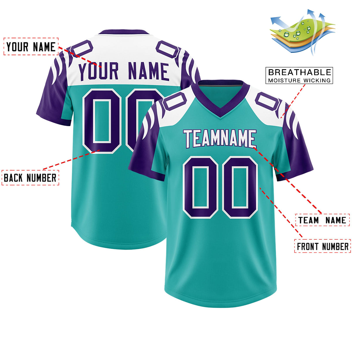 Custom Aqua Purple Raglan Sleeves Personalized Pattern Authentic Football Jersey