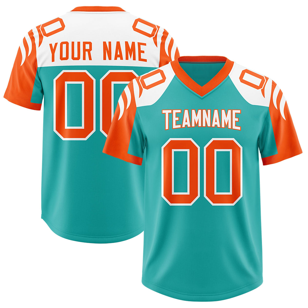 Custom Aqua Orange Raglan Sleeves Personalized Pattern Authentic Football Jersey
