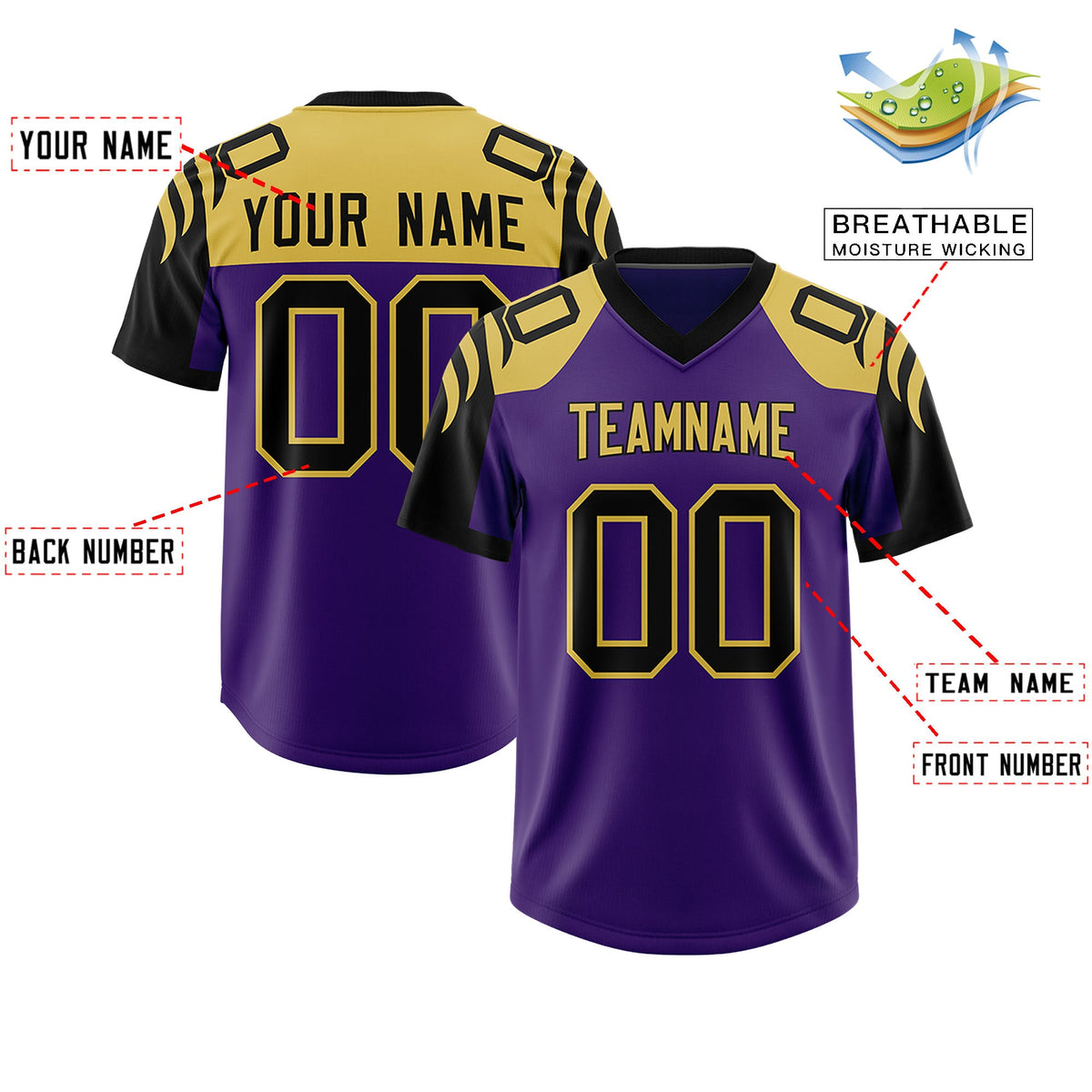 Custom Purple Black Raglan Sleeves Personalized Pattern Authentic Football Jersey