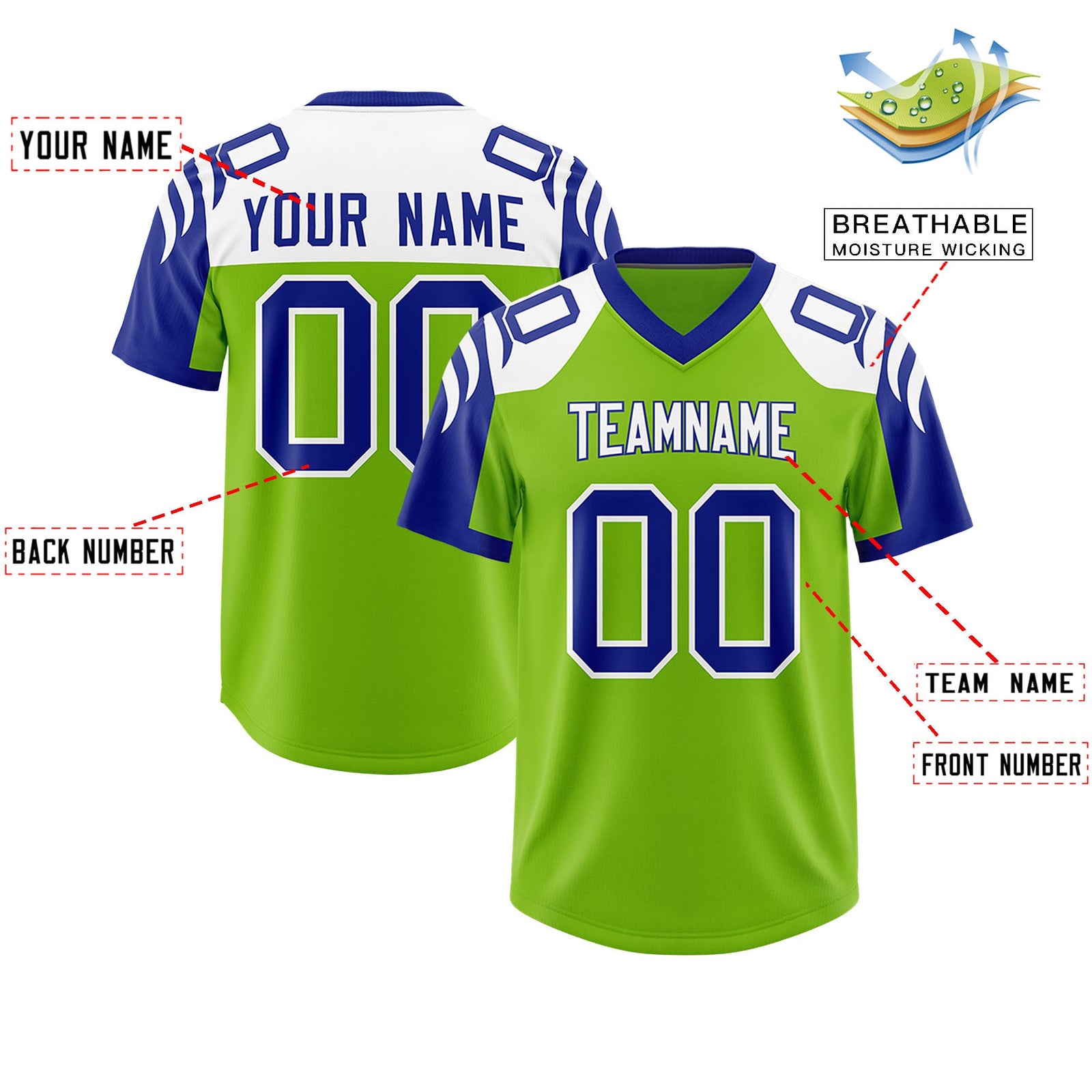 Custom Neon Green Royal Raglan Sleeves Personalized Pattern Authentic Football Jersey