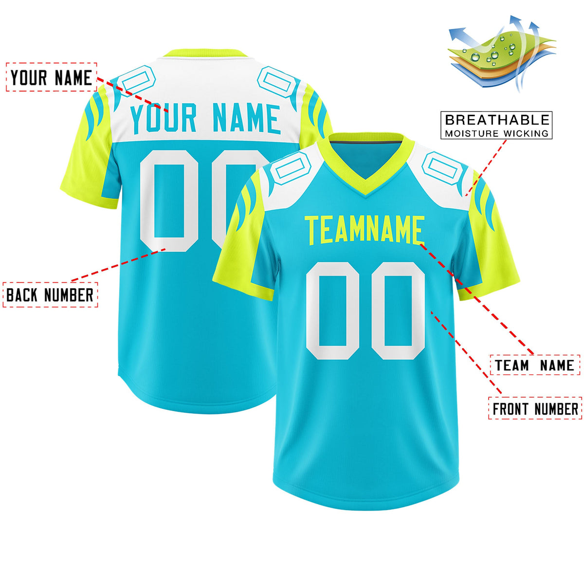 Custom Sky Blue Fluorescent Green Raglan Sleeves Personalized Pattern Authentic Football Jersey