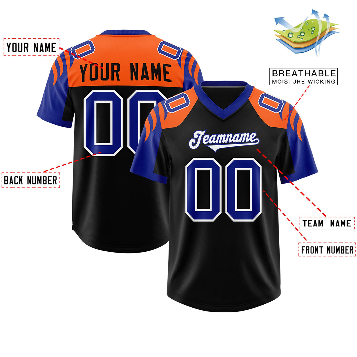 Custom Black Royal Raglan Sleeves Personalized Pattern Authentic Football Jersey