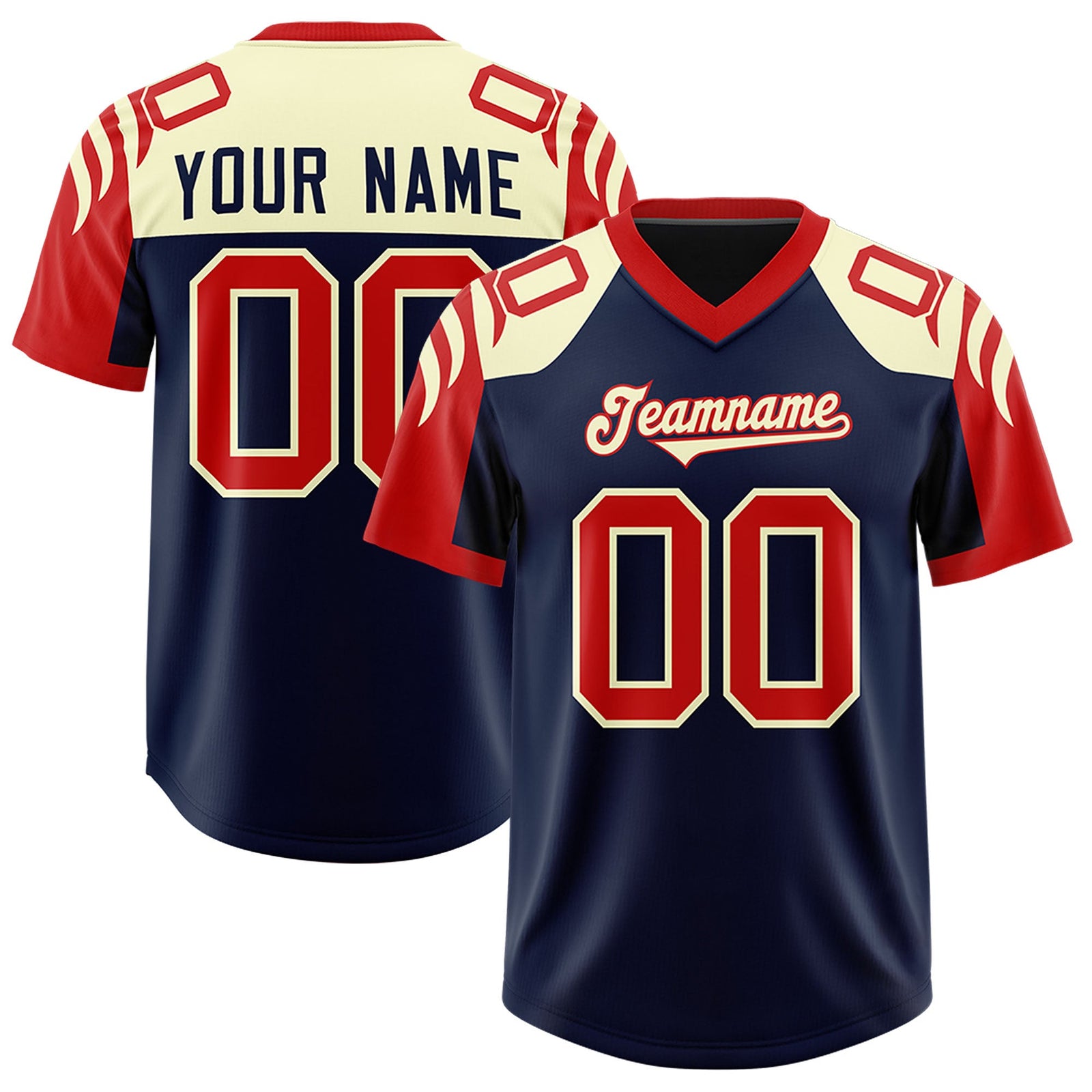 Custom Navy Red Raglan Sleeves Personalized Pattern Authentic Football Jersey