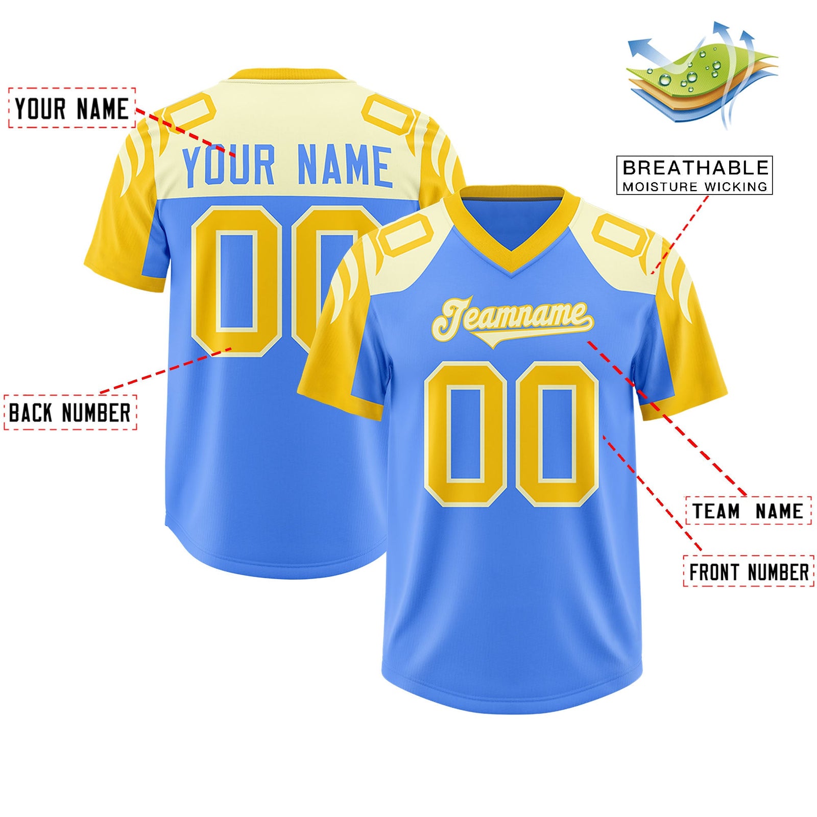 Custom Powder Blue Gold Raglan Sleeves Personalized Pattern Authentic Football Jersey