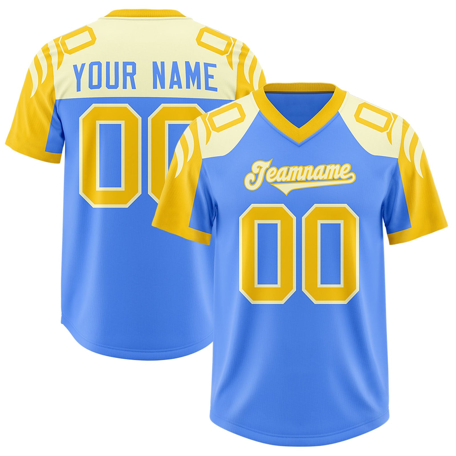 Custom Powder Blue Gold Raglan Sleeves Personalized Pattern Authentic Football Jersey