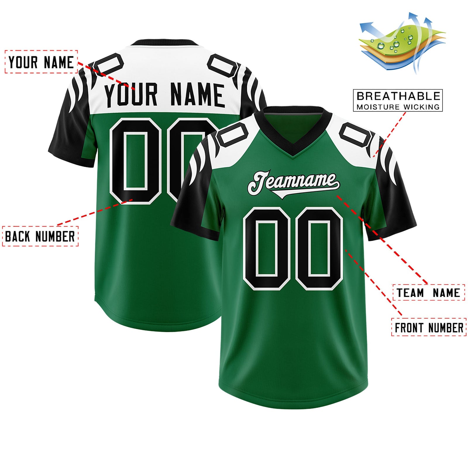 Custom Kelly Green Black Raglan Sleeves Personalized Pattern Authentic Football Jersey
