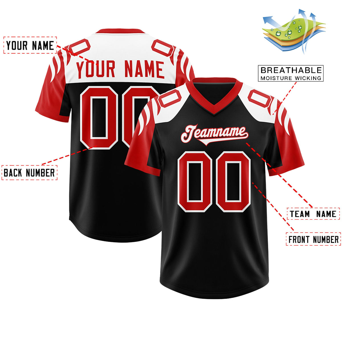 Custom Black Red Raglan Sleeves Personalized Pattern Authentic Football Jersey