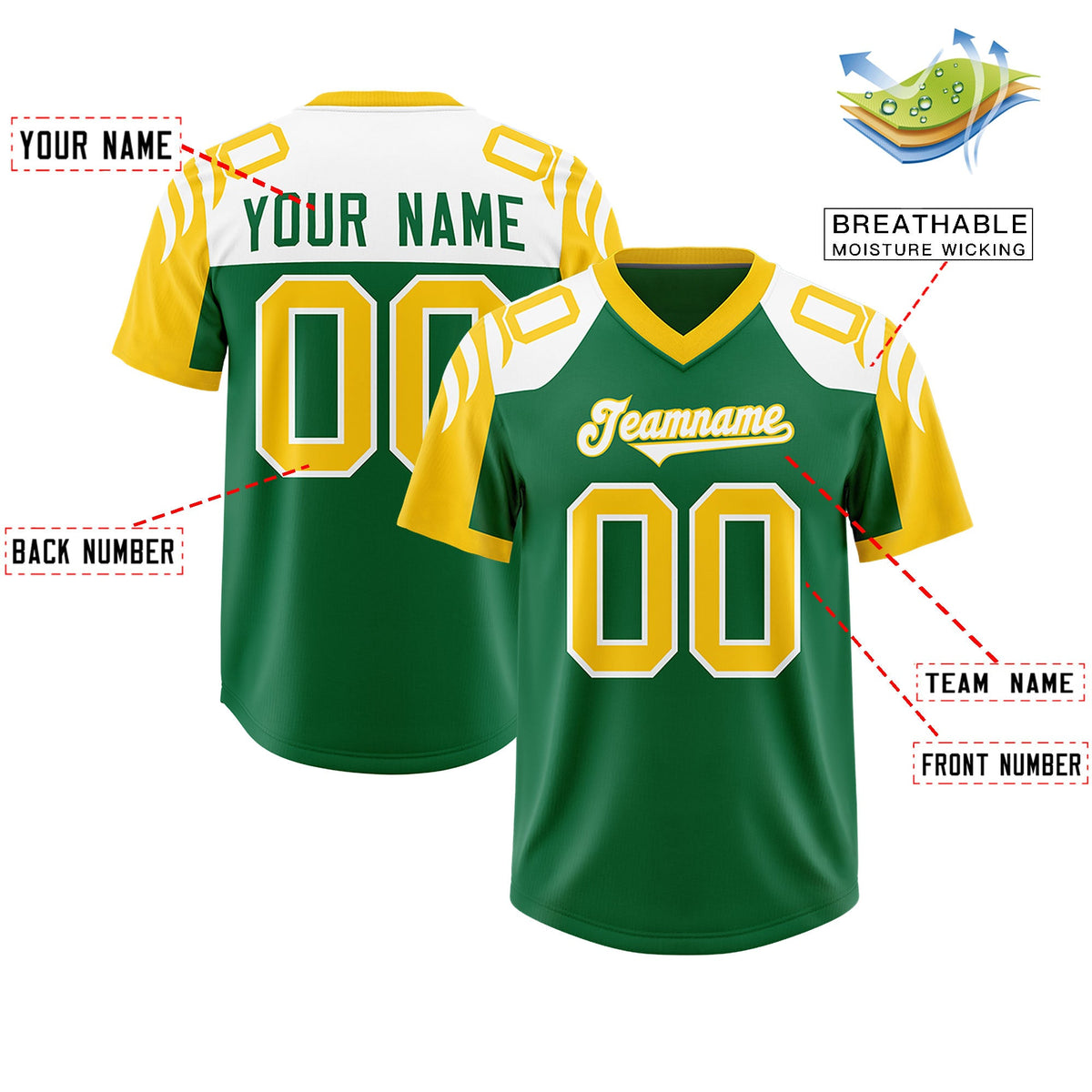 Custom Kelly Green Gold Raglan Sleeves Personalized Pattern Authentic Football Jersey