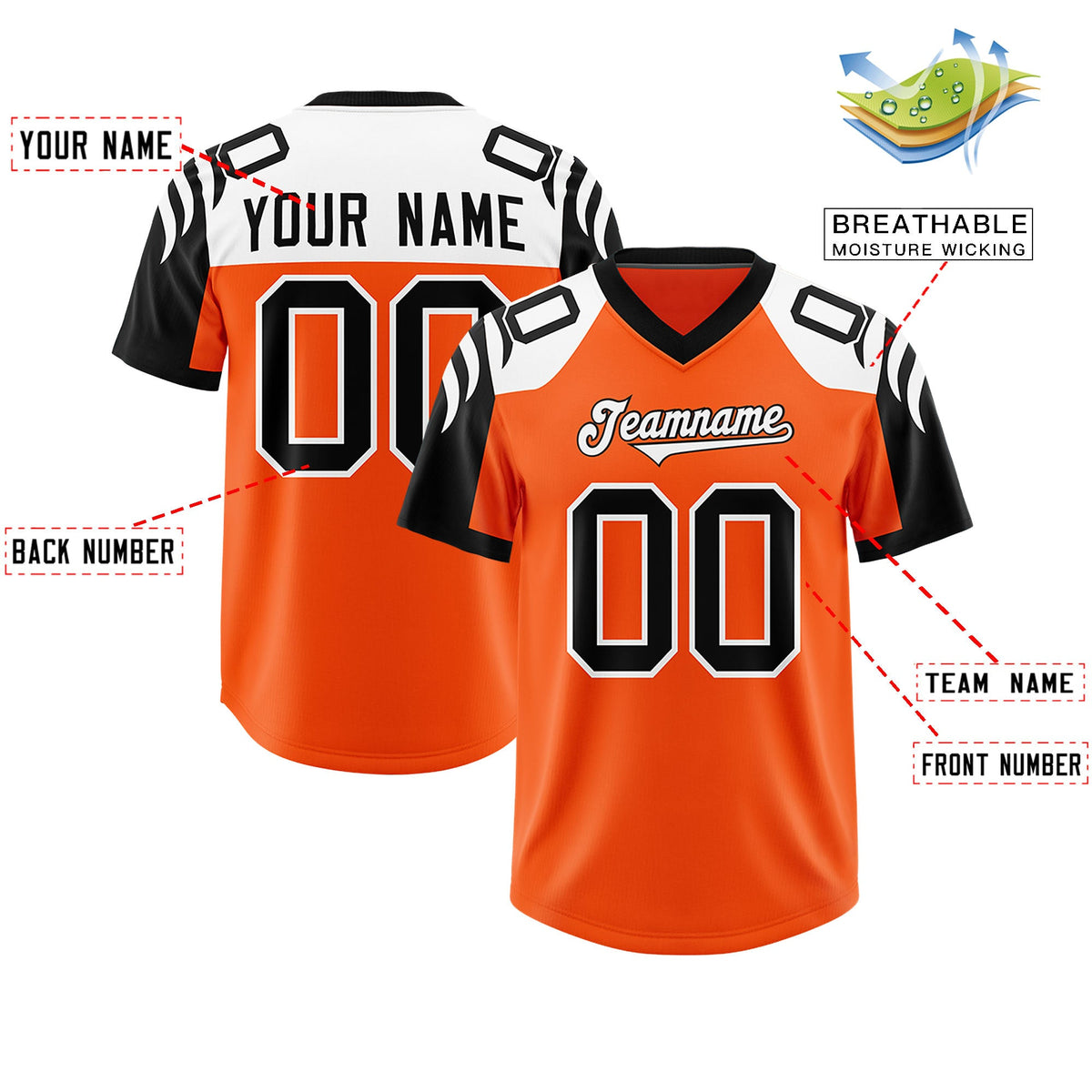 Custom Orange Black Raglan Sleeves Personalized Pattern Authentic Football Jersey