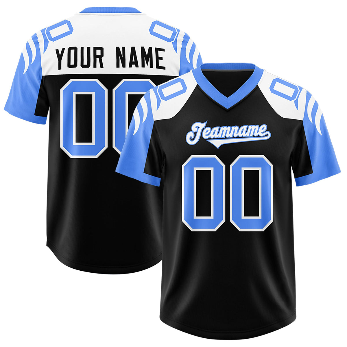 Custom Black Powder Blue Raglan Sleeves Personalized Pattern Authentic Football Jersey