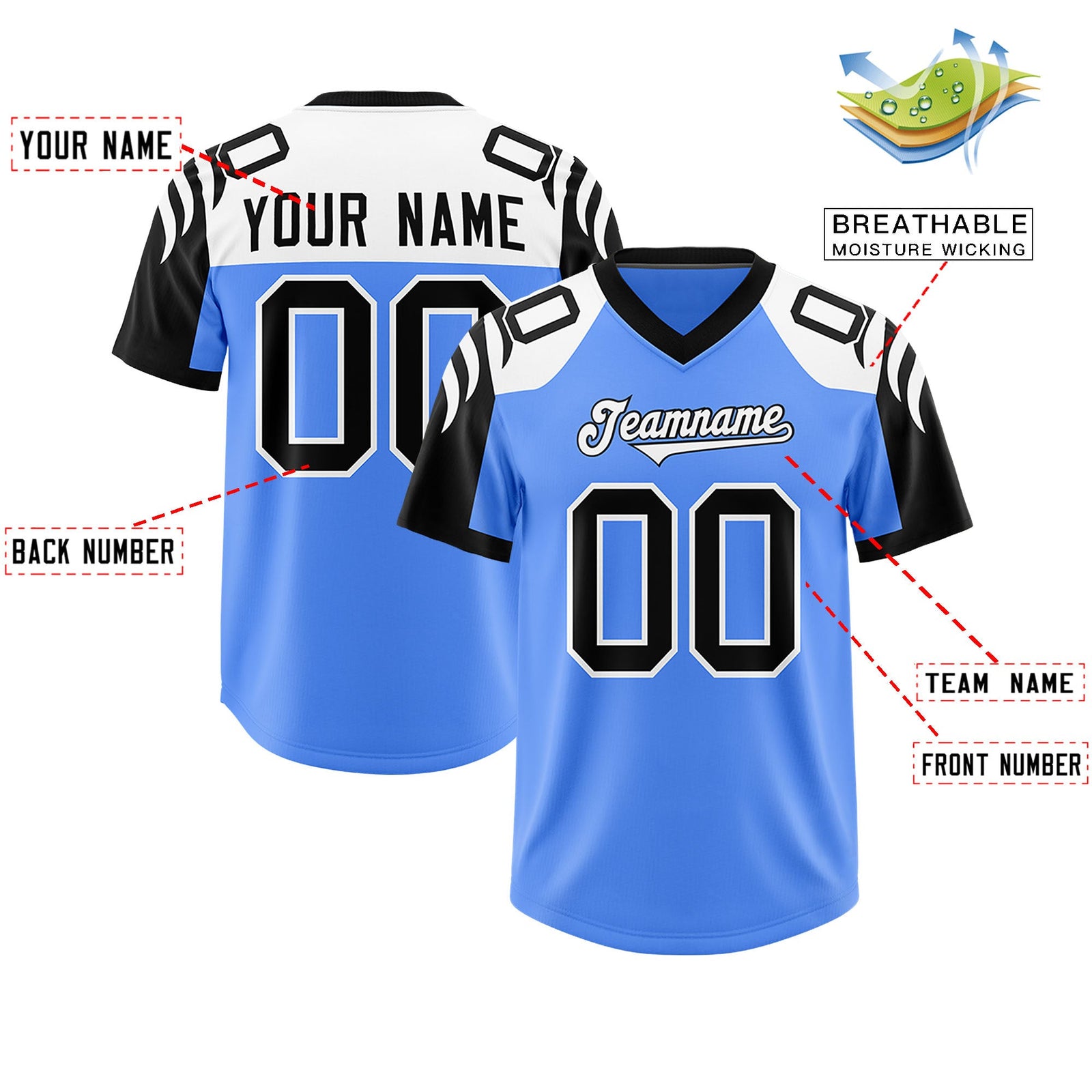Custom Powder Blue Black Raglan Sleeves Personalized Pattern Authentic Football Jersey