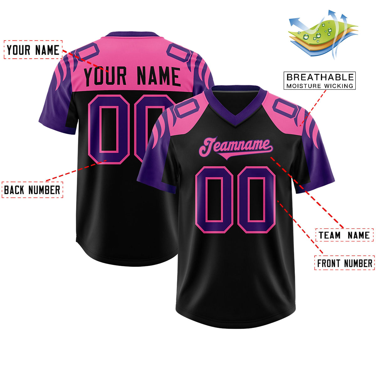 Custom Black Purple Raglan Sleeves Personalized Pattern Authentic Football Jersey