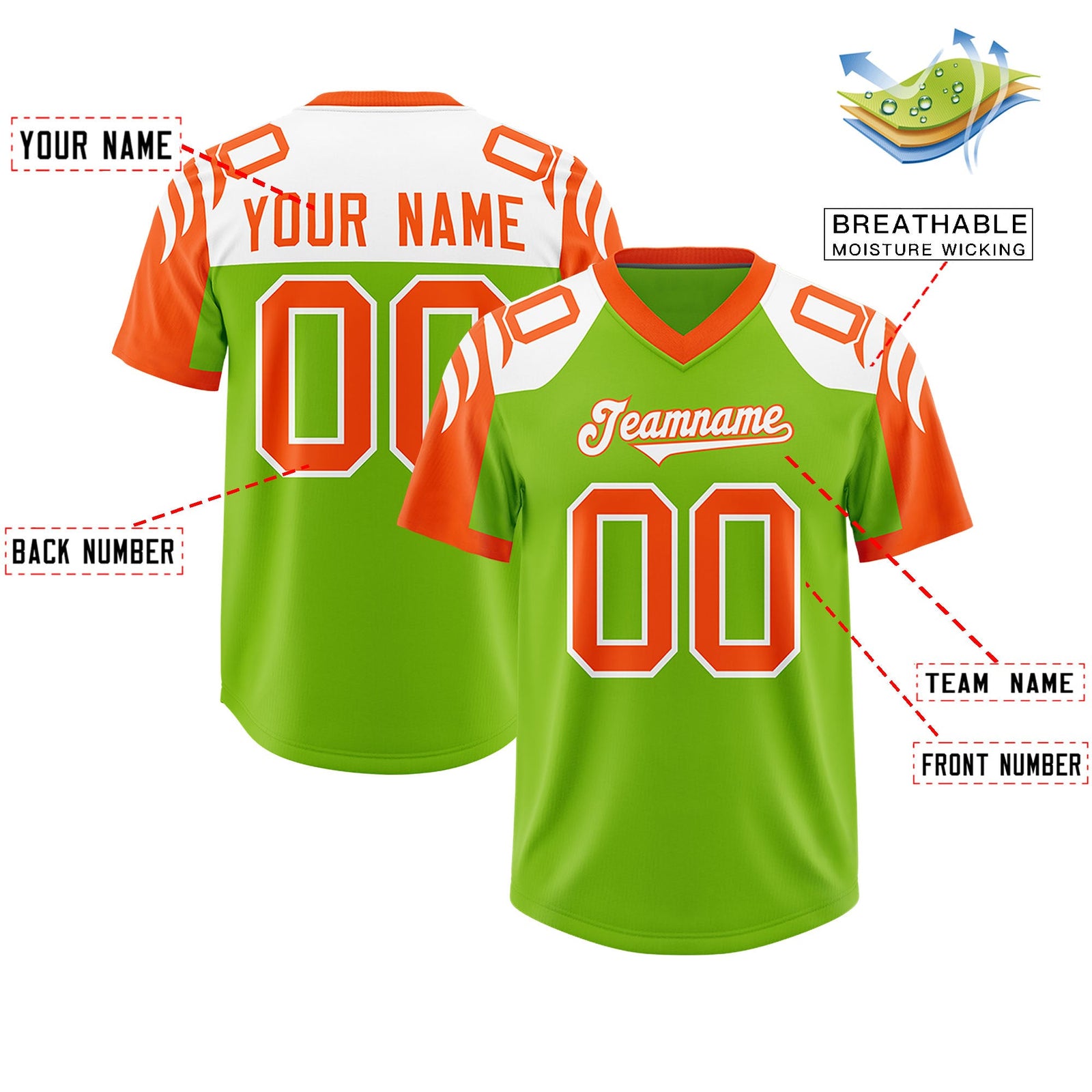 Custom Neon Green Orange Raglan Sleeves Personalized Pattern Authentic Football Jersey