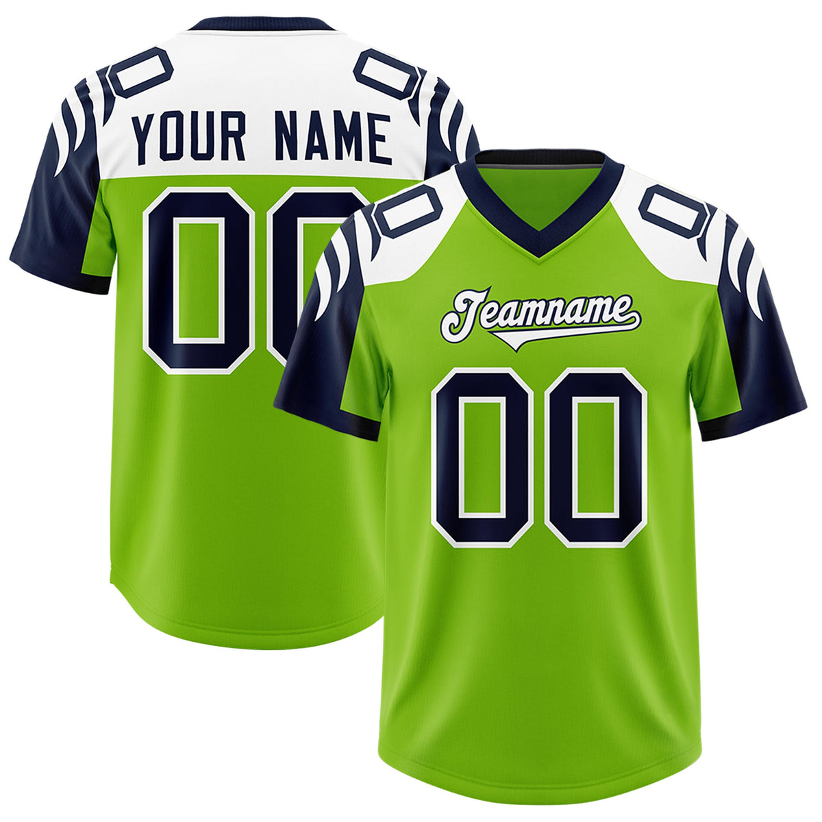 Custom Neon Green Navy Raglan Sleeves Personalized Pattern Authentic Football Jersey