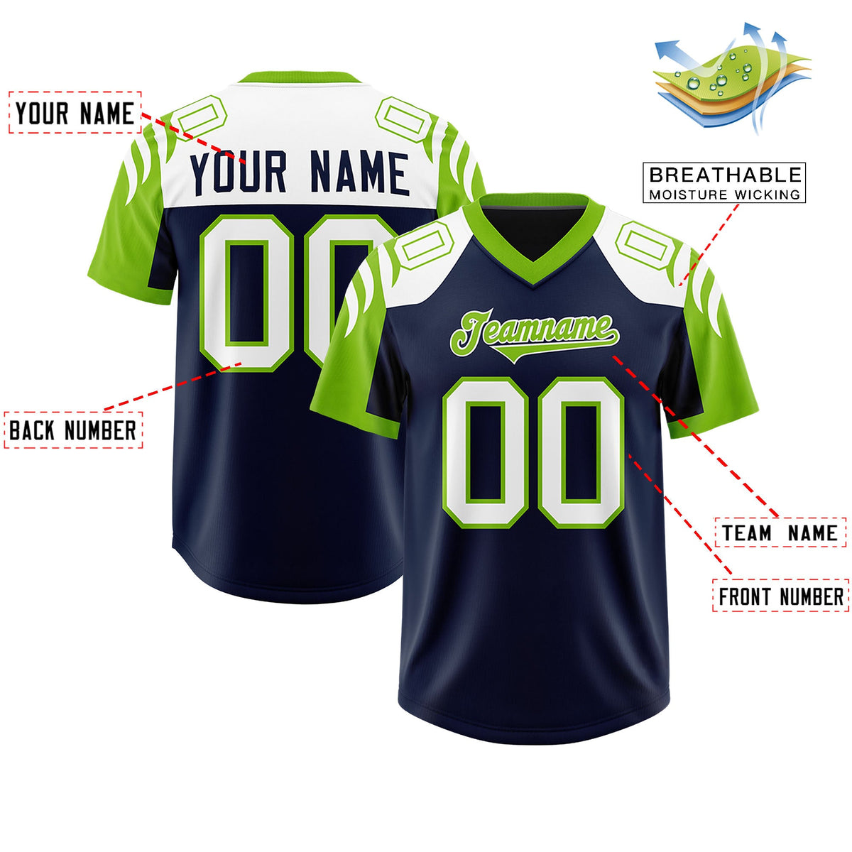 Custom Navy Neon Green Raglan Sleeves Personalized Pattern Authentic Football Jersey