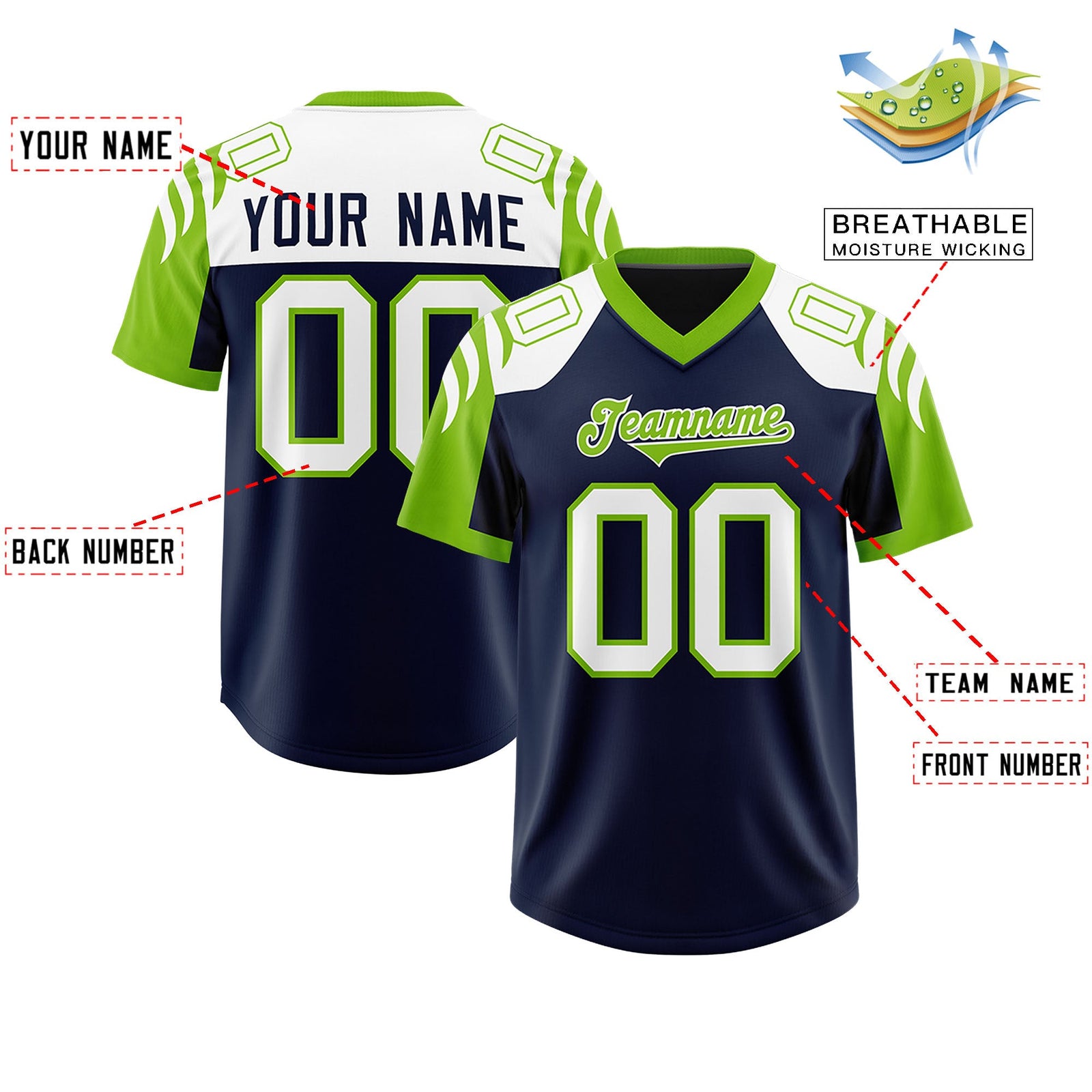 Custom Navy Neon Green Raglan Sleeves Personalized Pattern Authentic Football Jersey