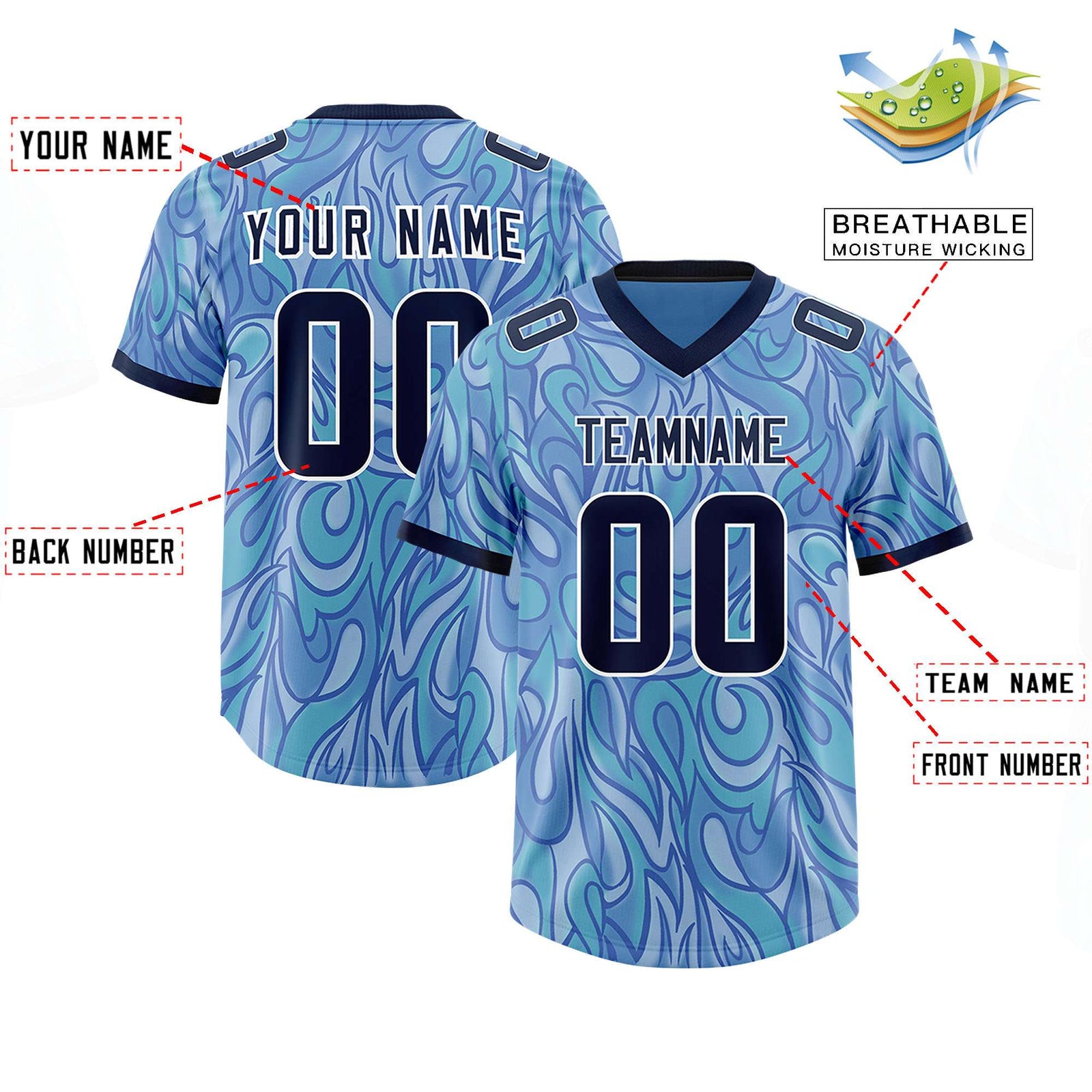 Custom Light Blue Personalized Printed Graffiti Pattern Design Authentic Football Jersey