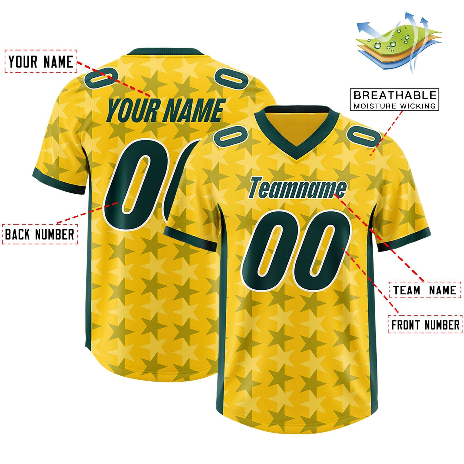 Custom Gold Green Personalized All Star Graffiti Pattern Authentic Football Jersey