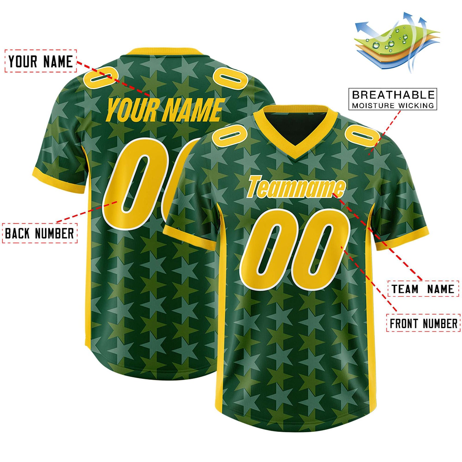 Custom Green Gold Personalized All Star Graffiti Pattern Authentic Football Jersey