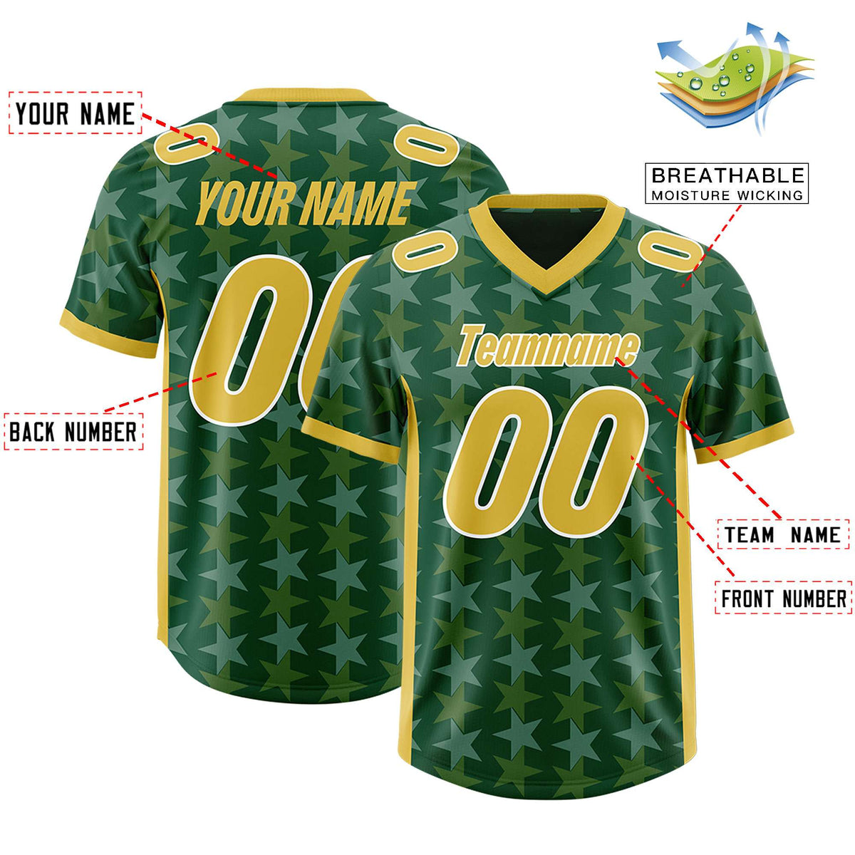 Custom Green Old Gold Personalized All Star Graffiti Pattern Authentic Football Jersey