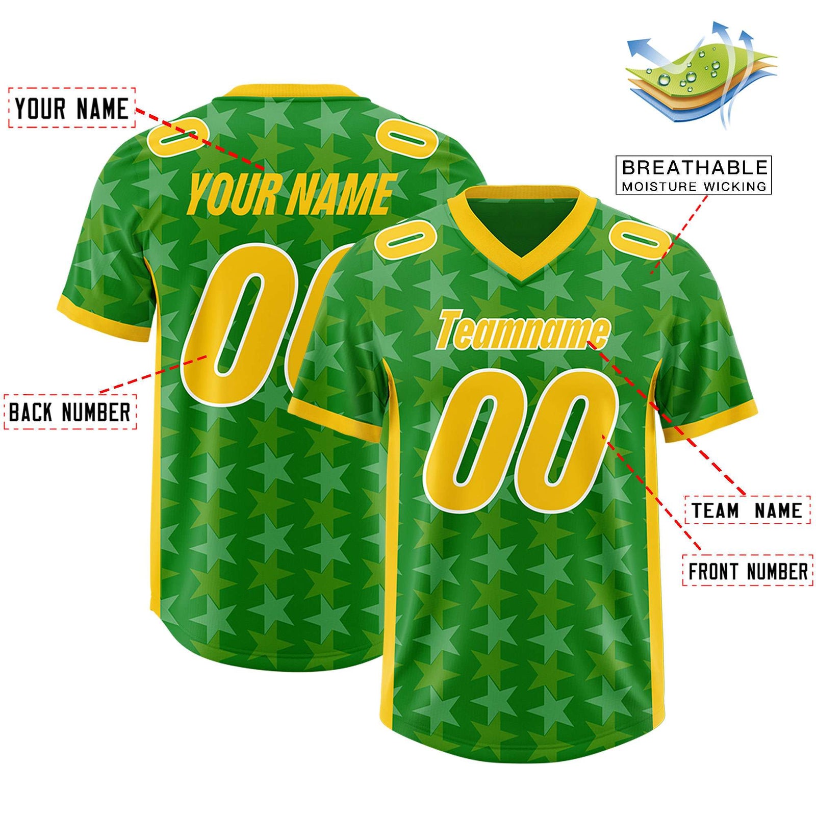 Custom Kelly Green Gold Personalized All Star Graffiti Pattern Authentic Football Jersey