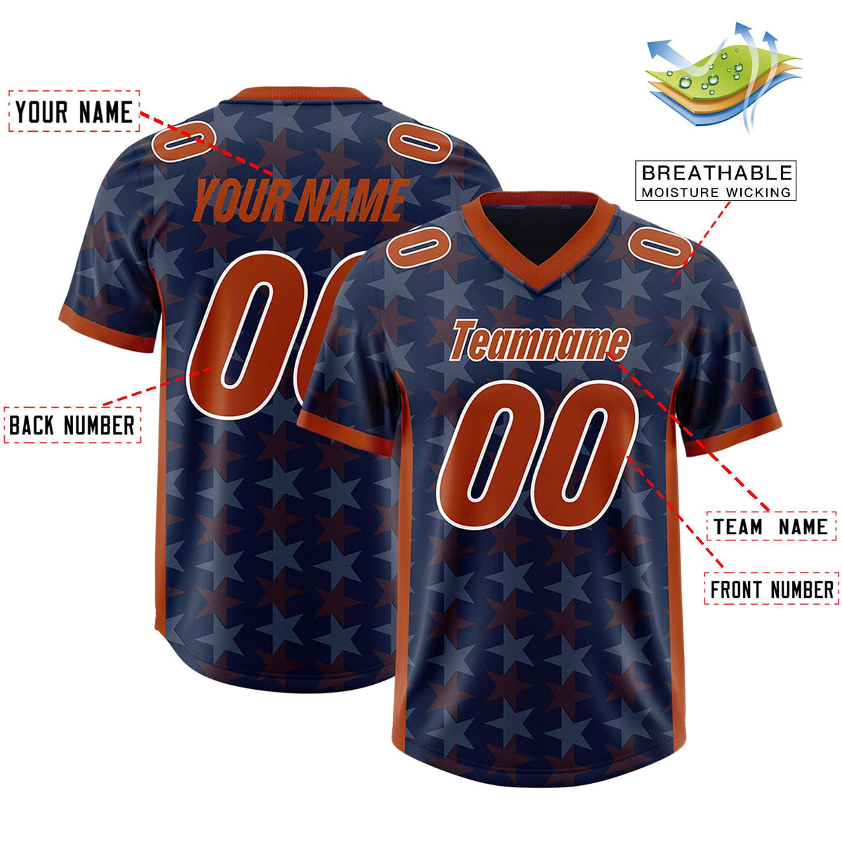 Custom Navy Texas Orange Personalized All Star Graffiti Pattern Authentic Football Jersey
