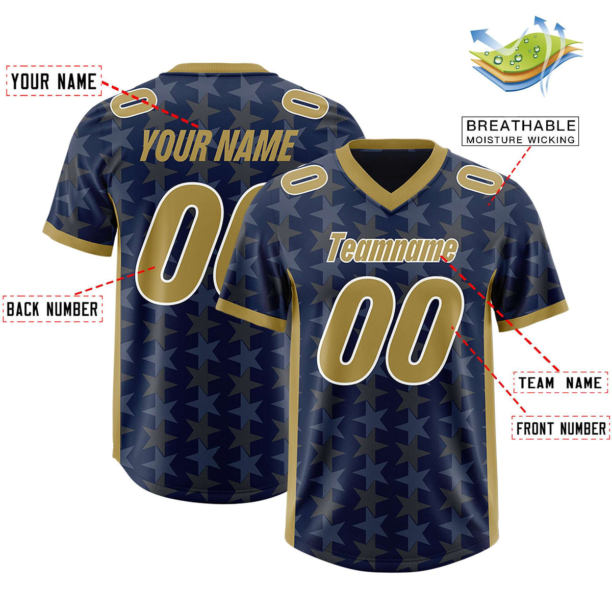 Custom Navy Old Gold Personalized All Star Graffiti Pattern Authentic Football Jersey