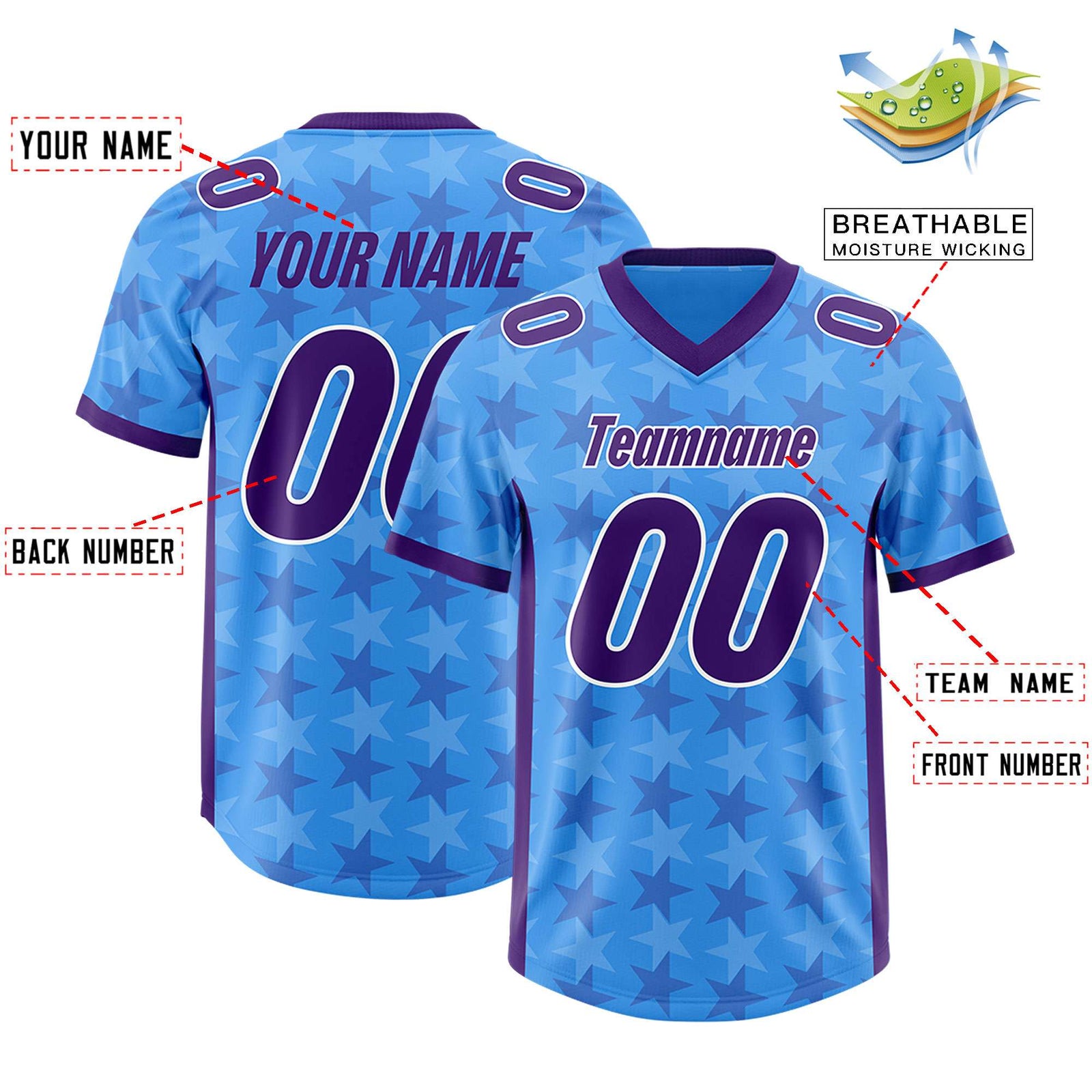 Custom Light Blue Purple Personalized All Star Graffiti Pattern Authentic Football Jersey