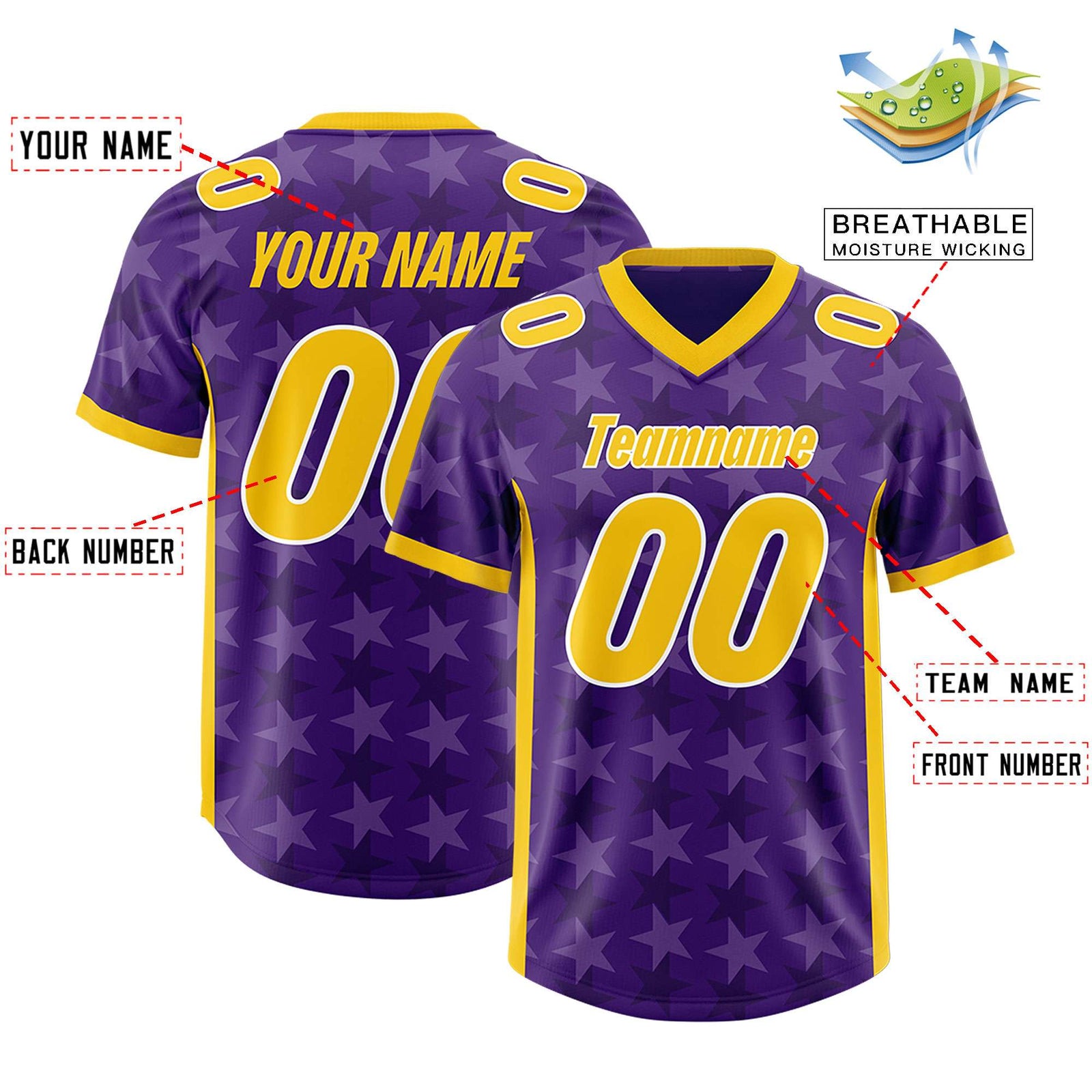Custom Purple Gold Personalized All Star Graffiti Pattern Authentic Football Jersey