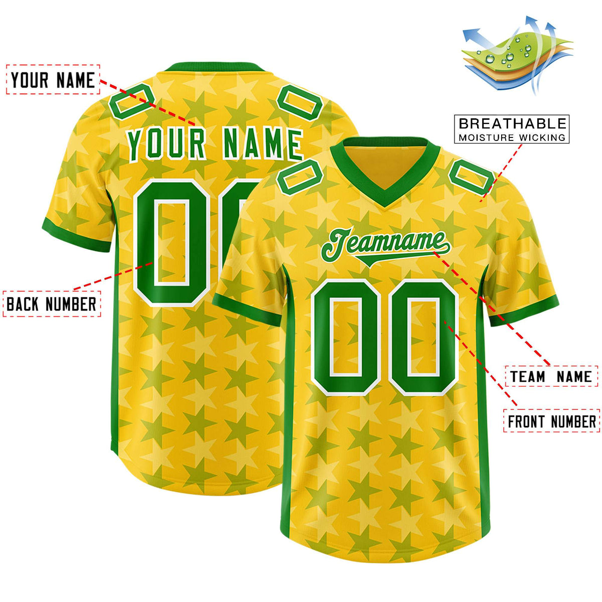Custom Gold Kelly Green Personalized All Star Graffiti Pattern Authentic Football Jersey