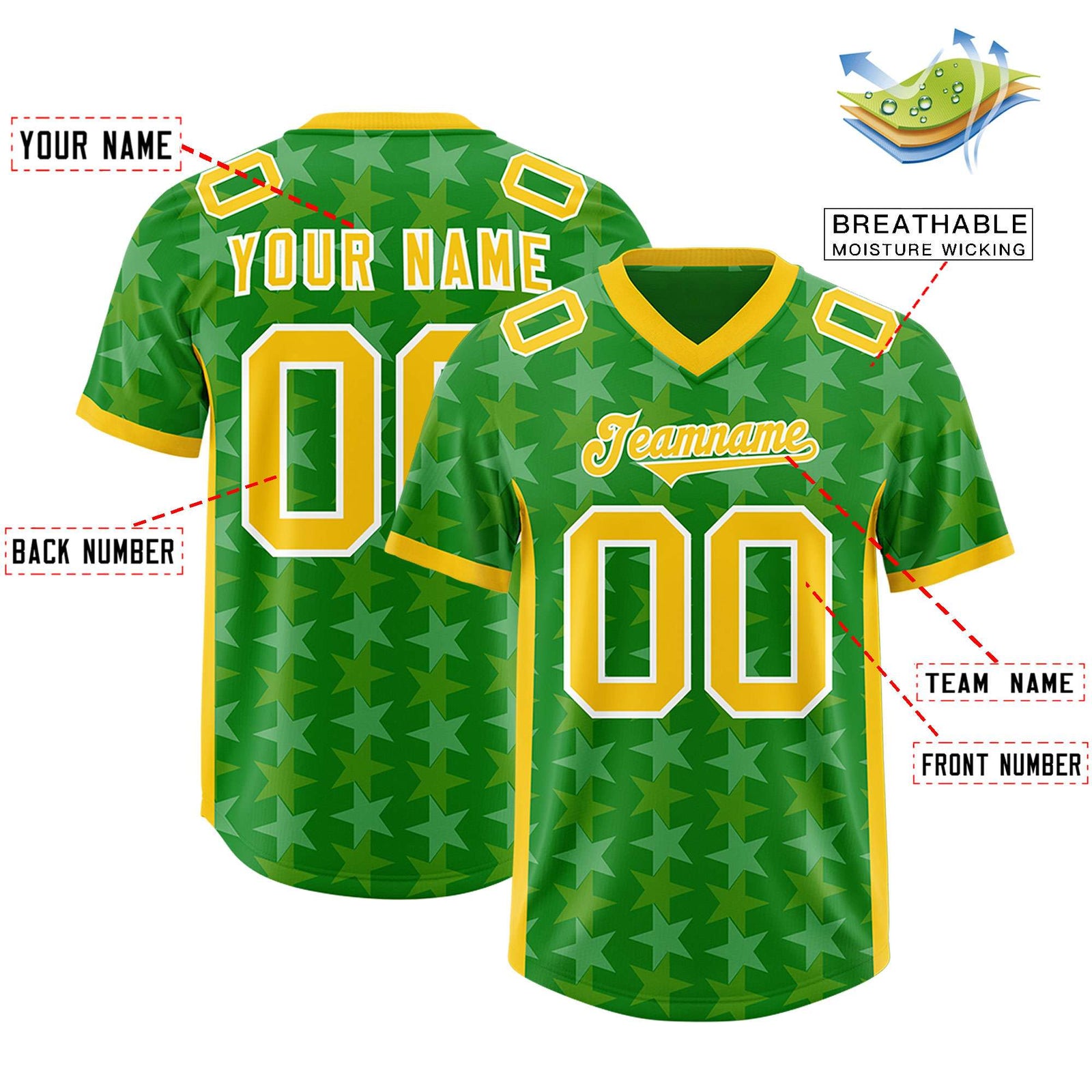 Custom Kelly Green Gold Personalized All Star Graffiti Pattern Authentic Football Jersey