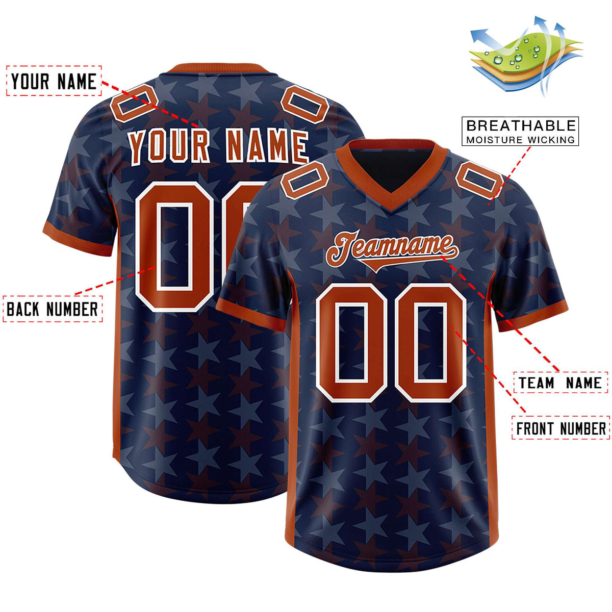 Custom Navy Texas Orange Personalized All Star Graffiti Pattern Authentic Football Jersey