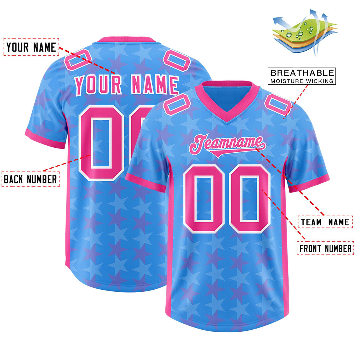 Custom Light Blue Pink Personalized All Star Graffiti Pattern Authentic Football Jersey