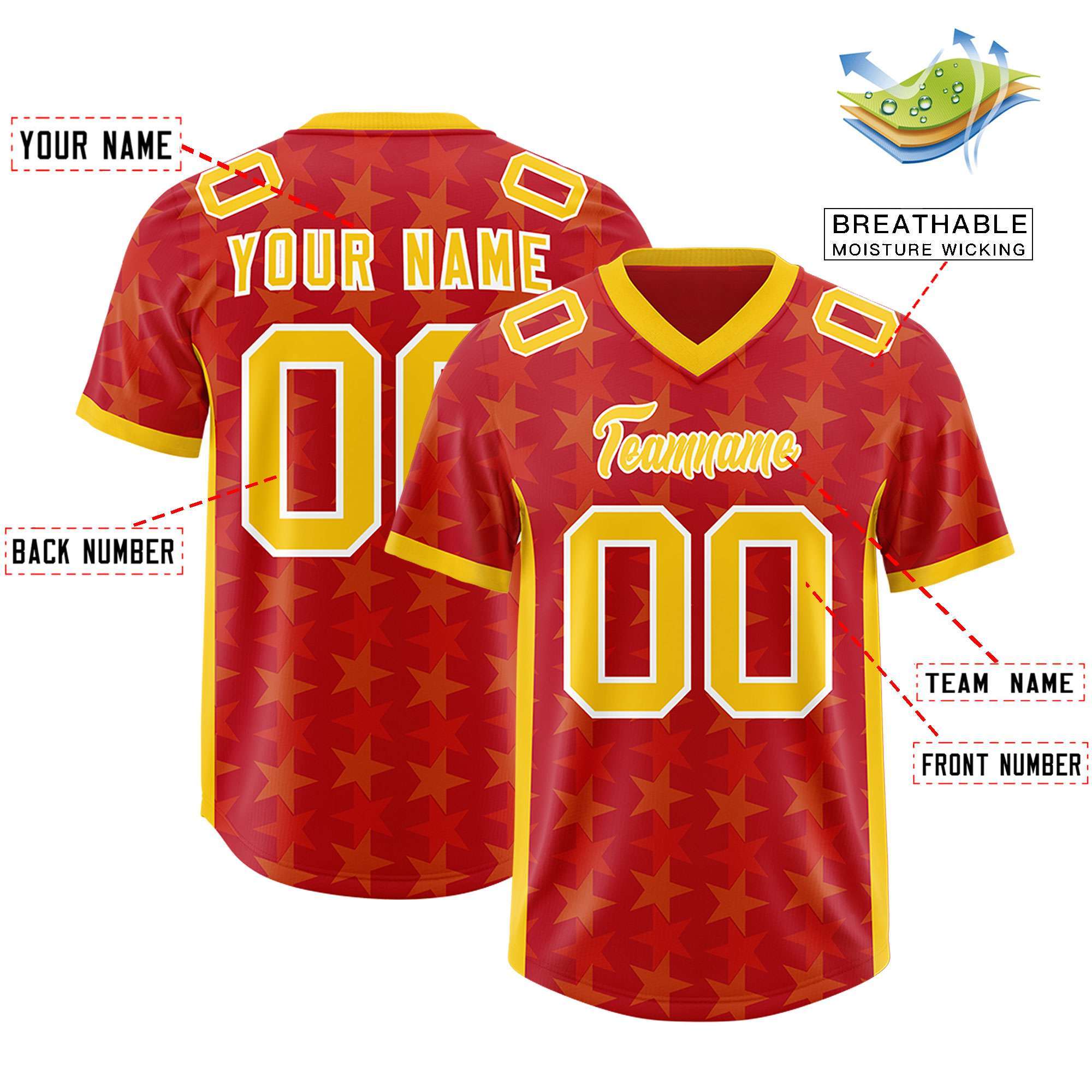 Custom Red Yellow Personalized All Star Graffiti Pattern Authentic Football Jersey