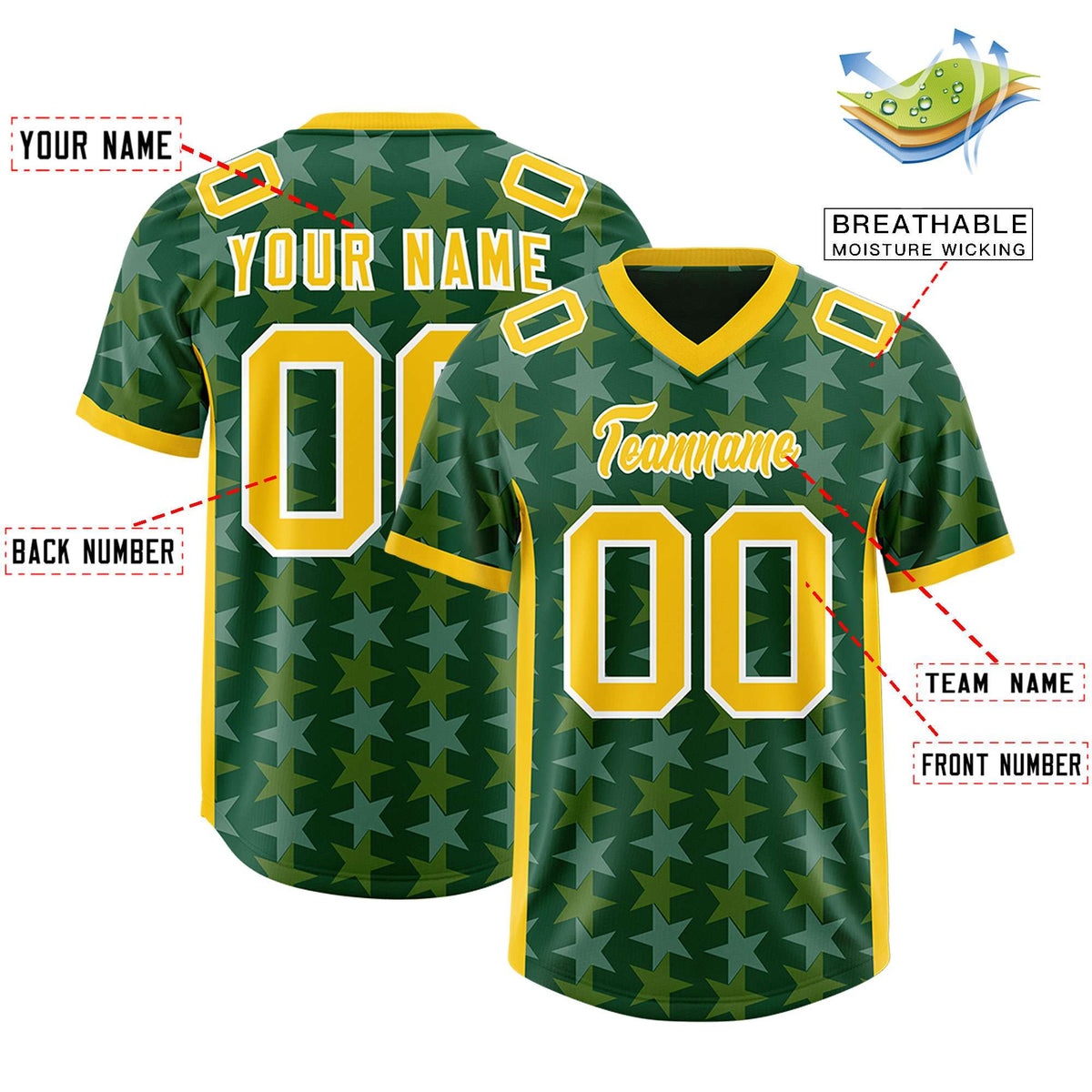 Custom Green Gold Personalized All Star Graffiti Pattern Authentic Football Jersey