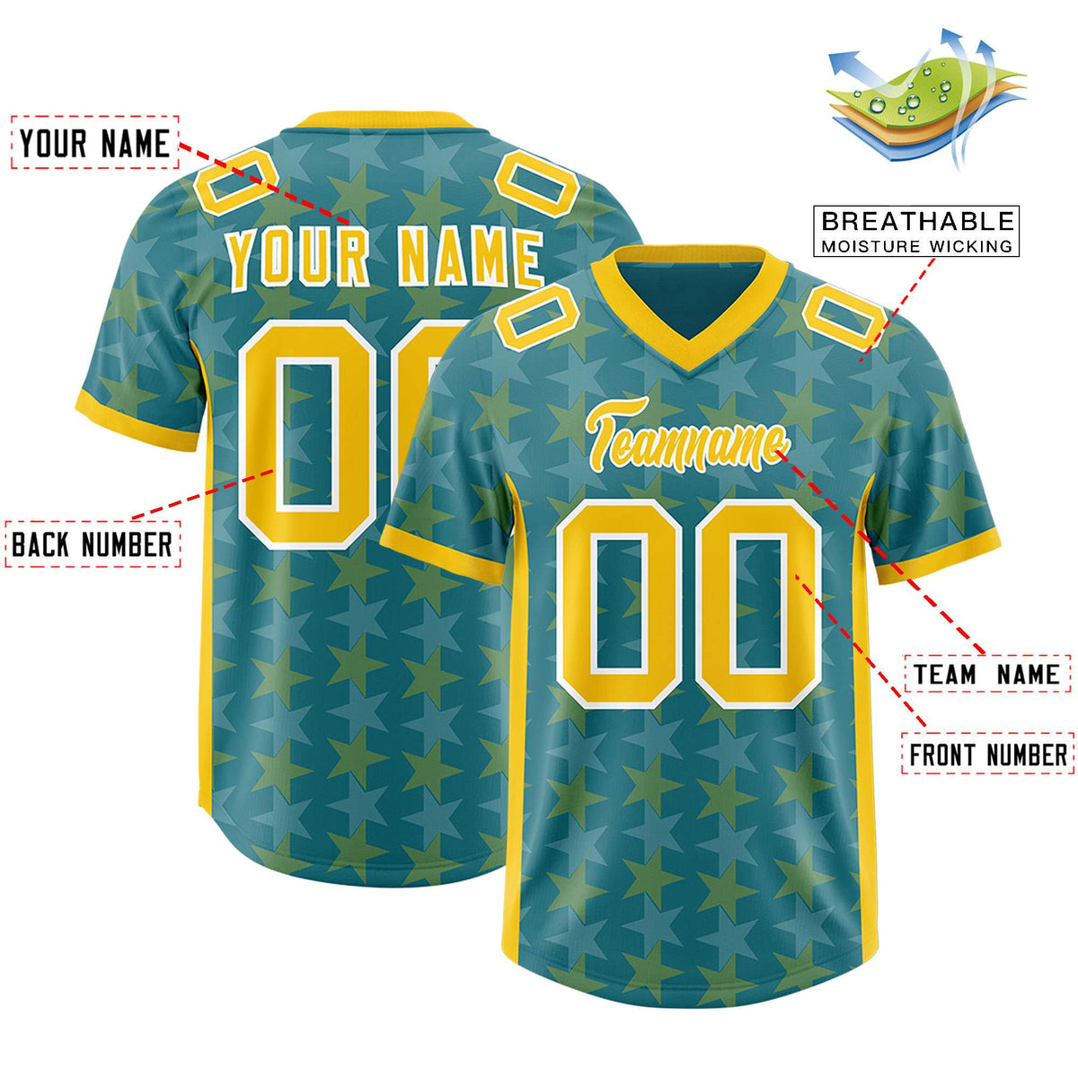 Custom Aqua Gold Personalized All Star Graffiti Pattern Authentic Football Jersey