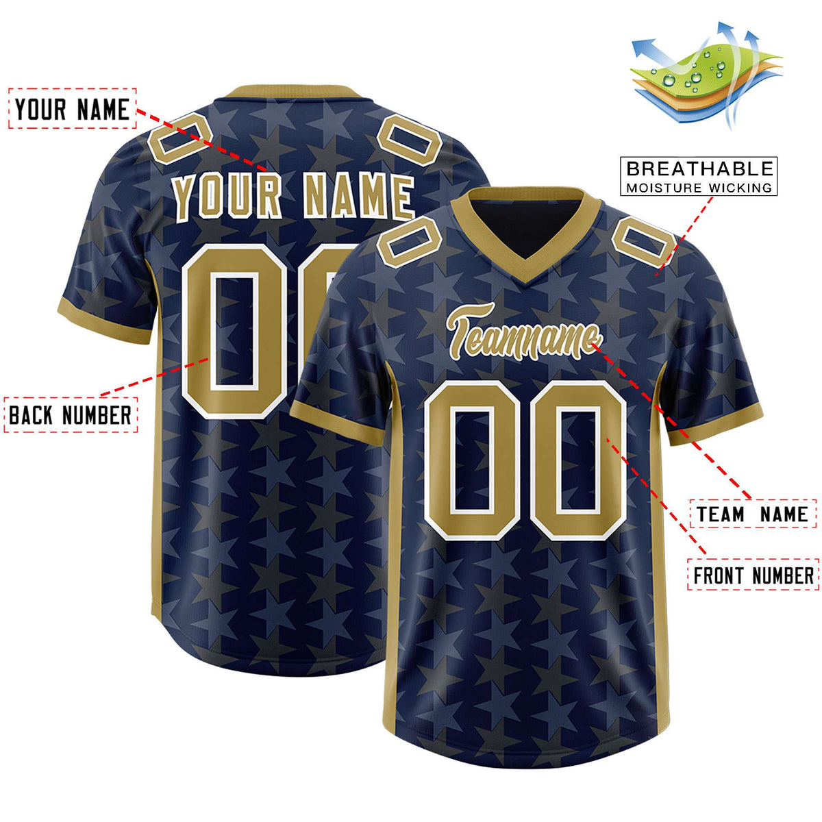 Custom Navy Old Gold Personalized All Star Graffiti Pattern Authentic Football Jersey