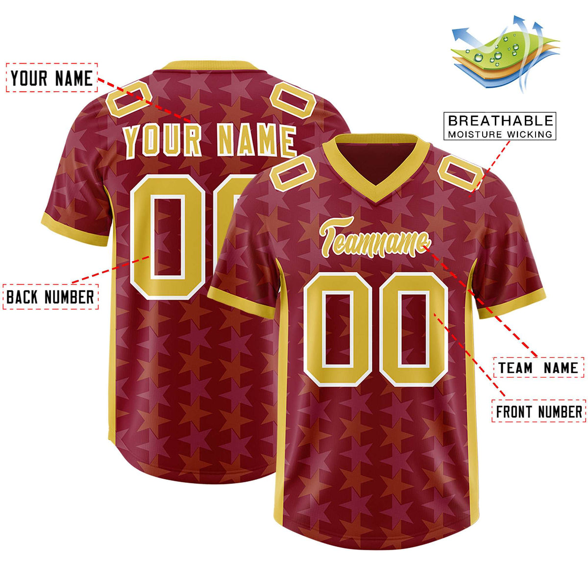 Custom Crimson Gold Personalized All Star Graffiti Pattern Authentic Football Jersey