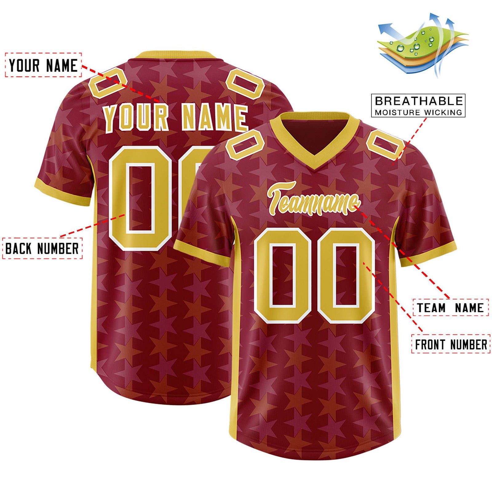 Custom Crimson Gold Personalized All Star Graffiti Pattern Authentic Football Jersey