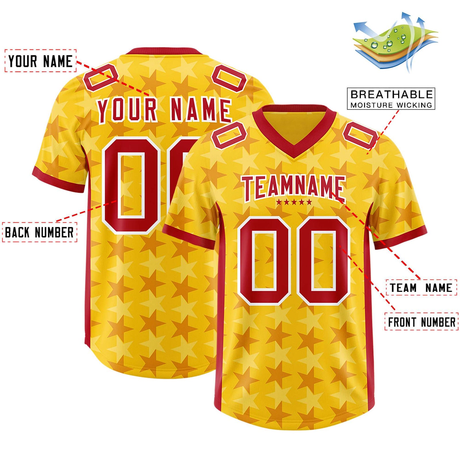 Custom Gold Red Personalized All Star Graffiti Pattern Authentic Football Jersey
