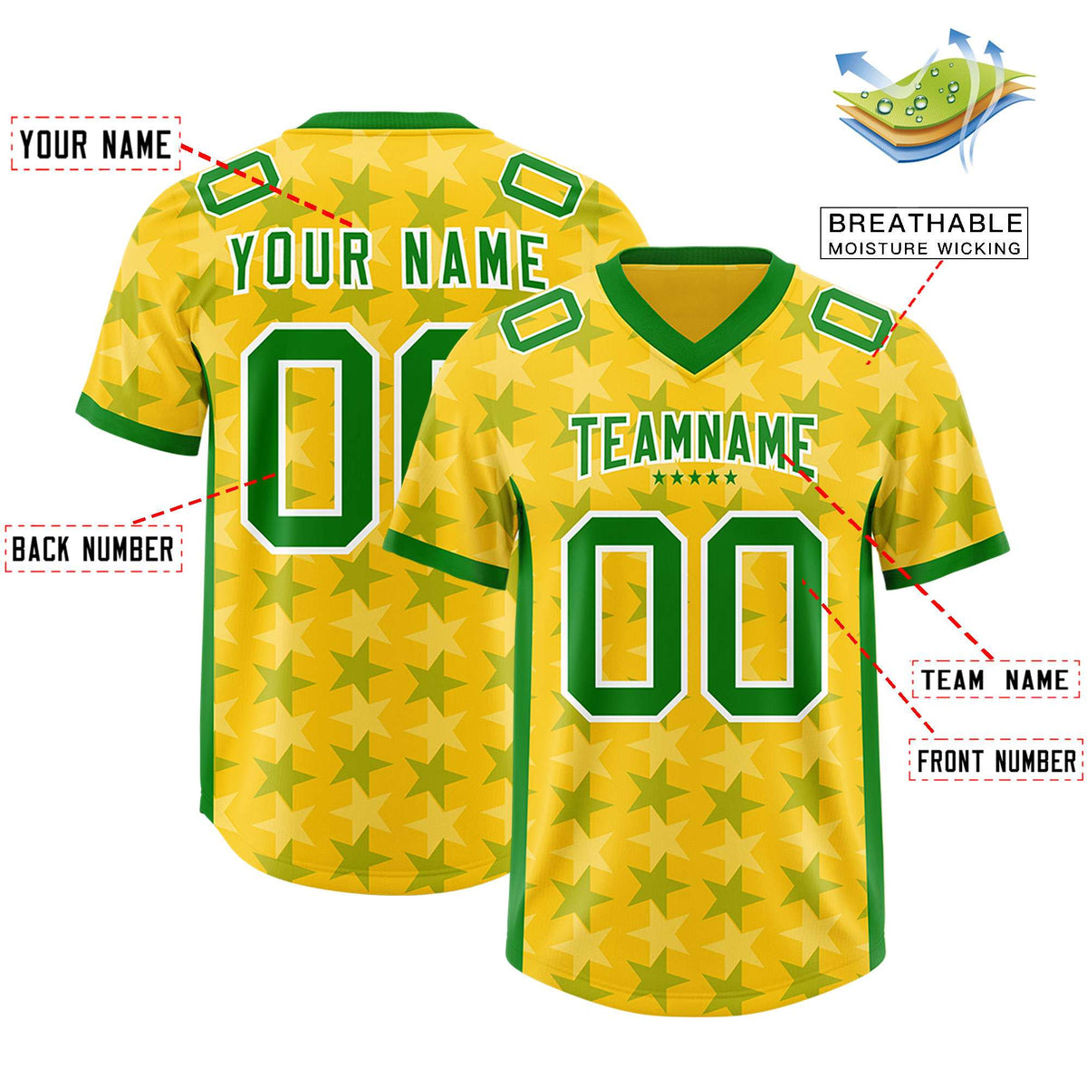 Custom Gold Kelly Green Personalized All Star Graffiti Pattern Authentic Football Jersey