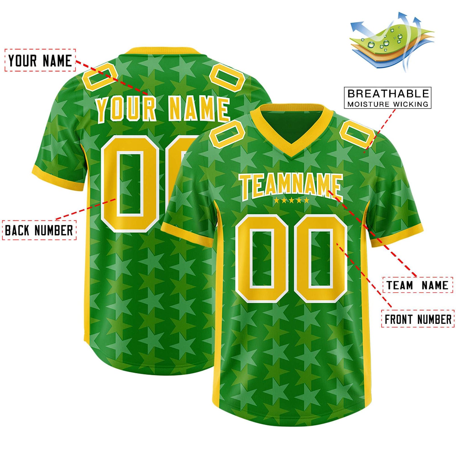 Custom Kelly Green Gold Personalized All Star Graffiti Pattern Authentic Football Jersey