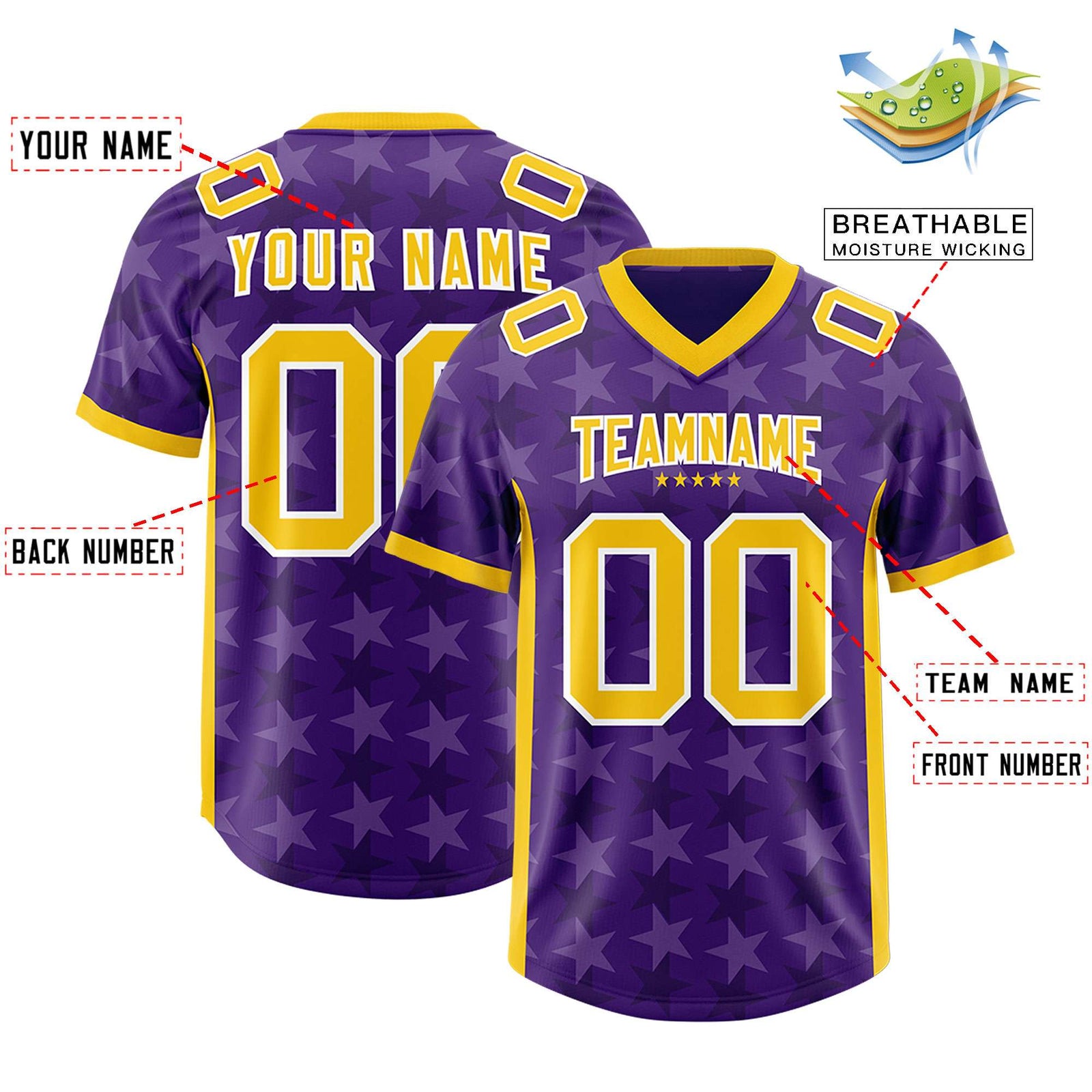 Custom Purple Gold Personalized All Star Graffiti Pattern Authentic Football Jersey