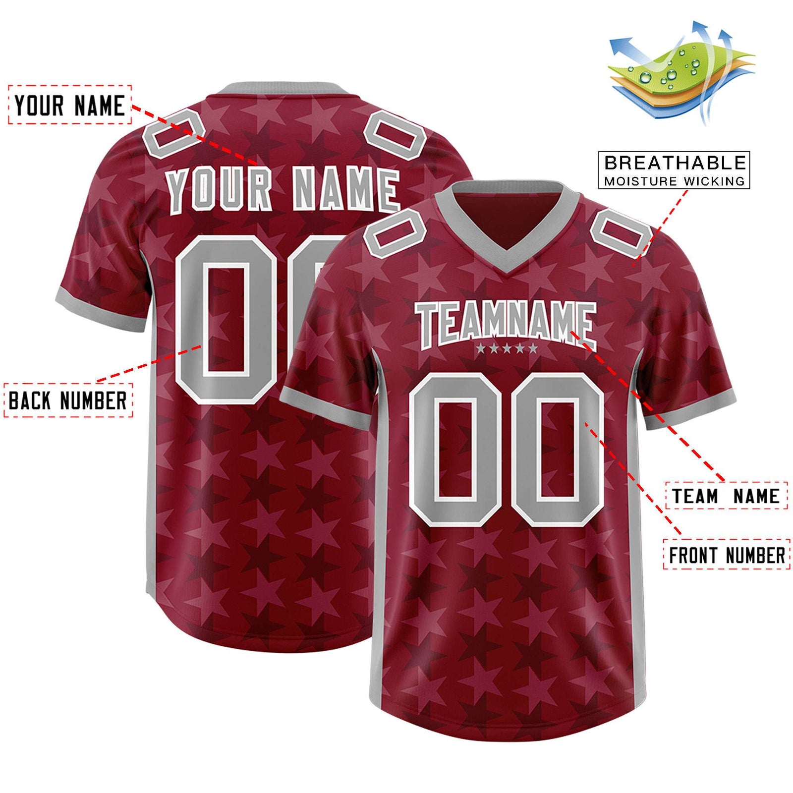 Custom Crimson Grey Personalized All Star Graffiti Pattern Authentic Football Jersey