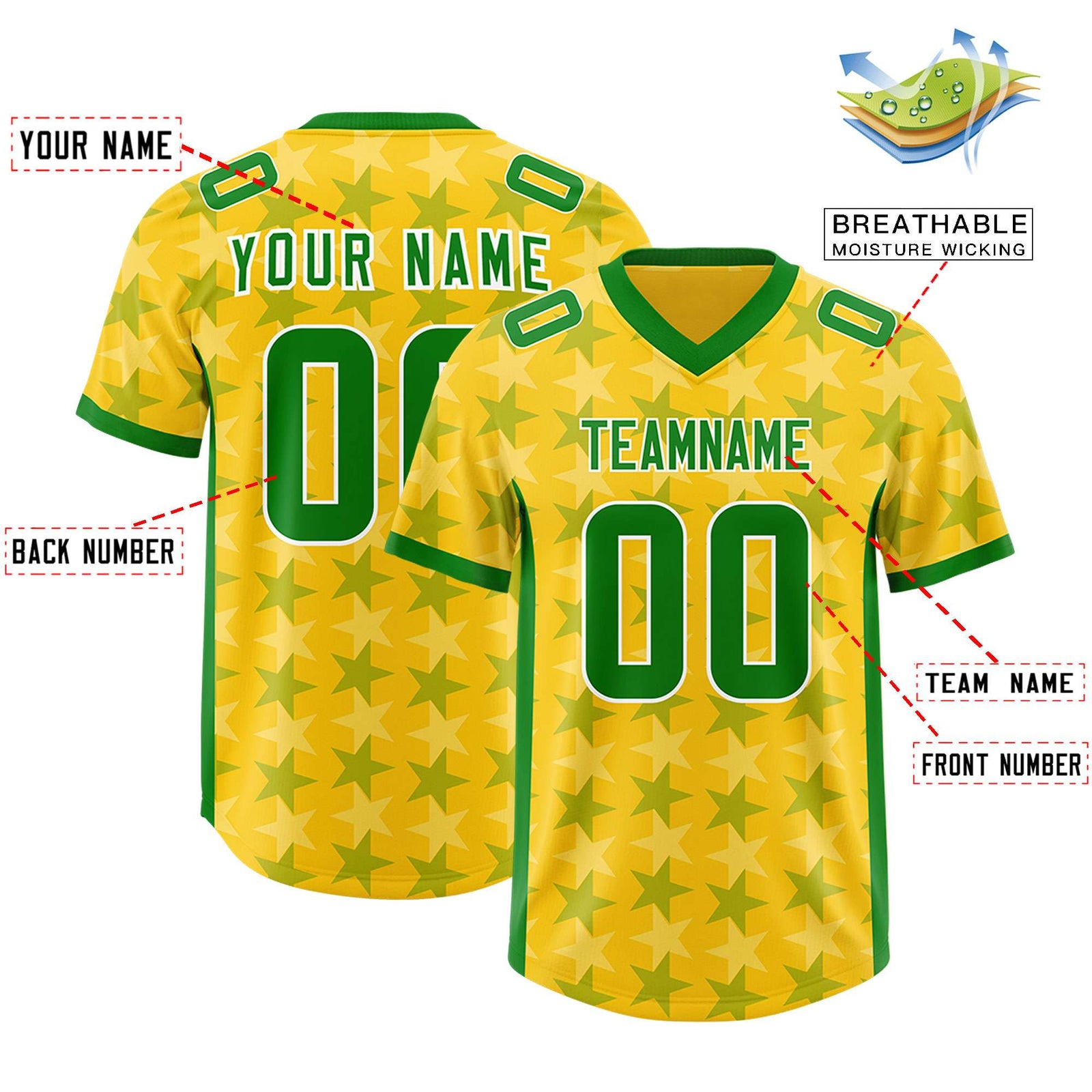Custom Gold Kelly Green Personalized All Star Graffiti Pattern Authentic Football Jersey