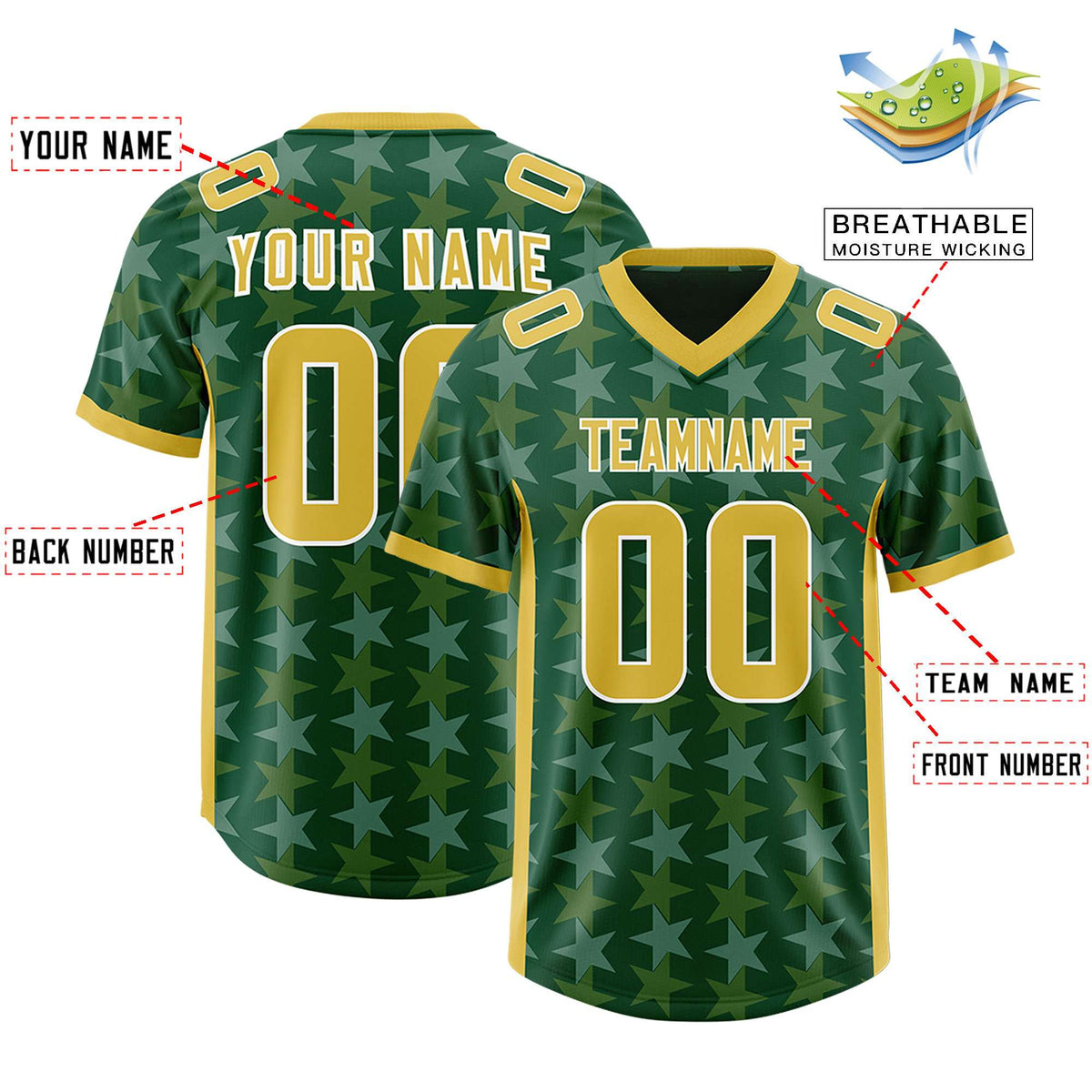 Custom Green Old Gold Personalized All Star Graffiti Pattern Authentic Football Jersey