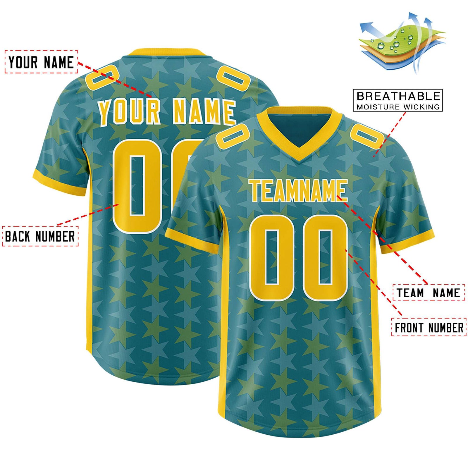 Custom Aqua Gold Personalized All Star Graffiti Pattern Authentic Football Jersey