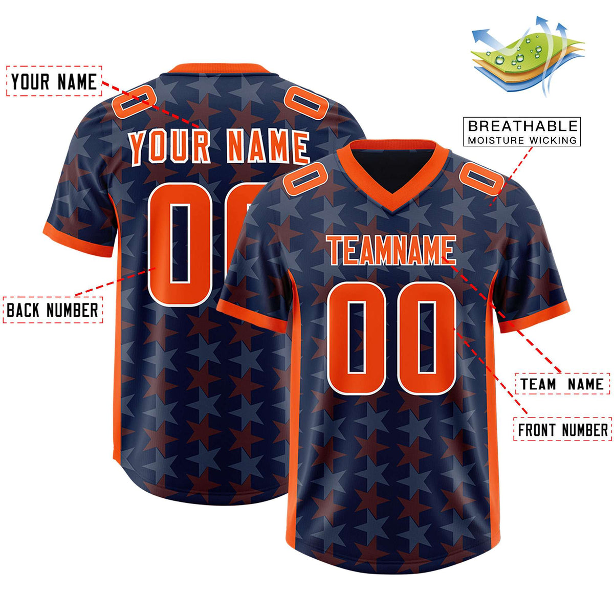 Custom Navy Orange Personalized All Star Graffiti Pattern Authentic Football Jersey